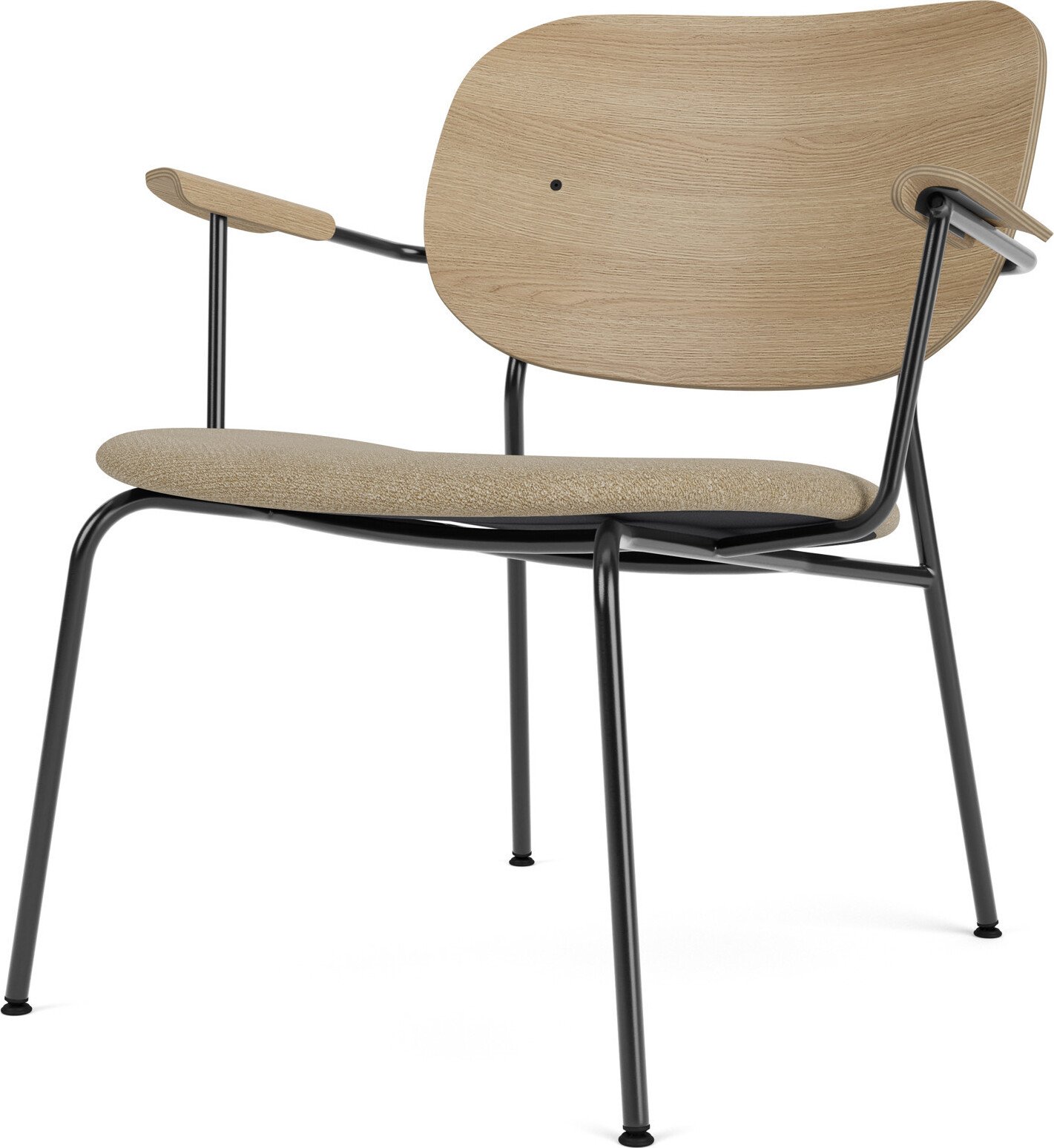 Krzesło Co niskie beżowe oparcie jasny dąb siedzisko tapicerowane z podłokietnikami na czarnych nogach