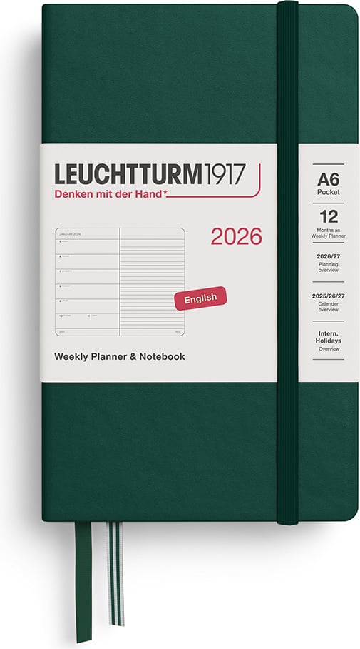 Planer tygodniowy z notatnikiem w linię w twardej oprawie Leuchtturm 1917 2026 EN A6 leśna zieleń