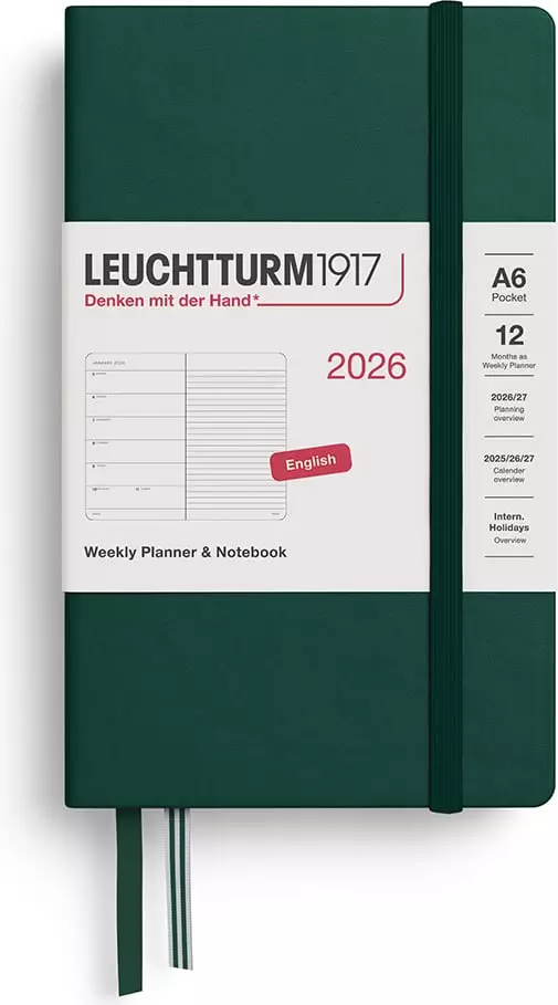 Planer tygodniowy z notatnikiem w linię w twardej oprawie Leuchtturm 1917 2026 EN A6 leśna zieleń
