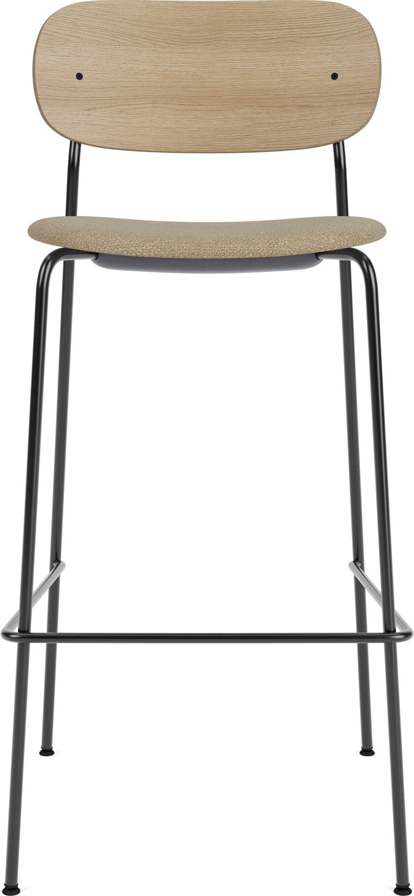 Krzesło barowe Co 105 cm beżowe oparcie jasny dąb z tapicerowanym siedziskiem na czarnych nogach