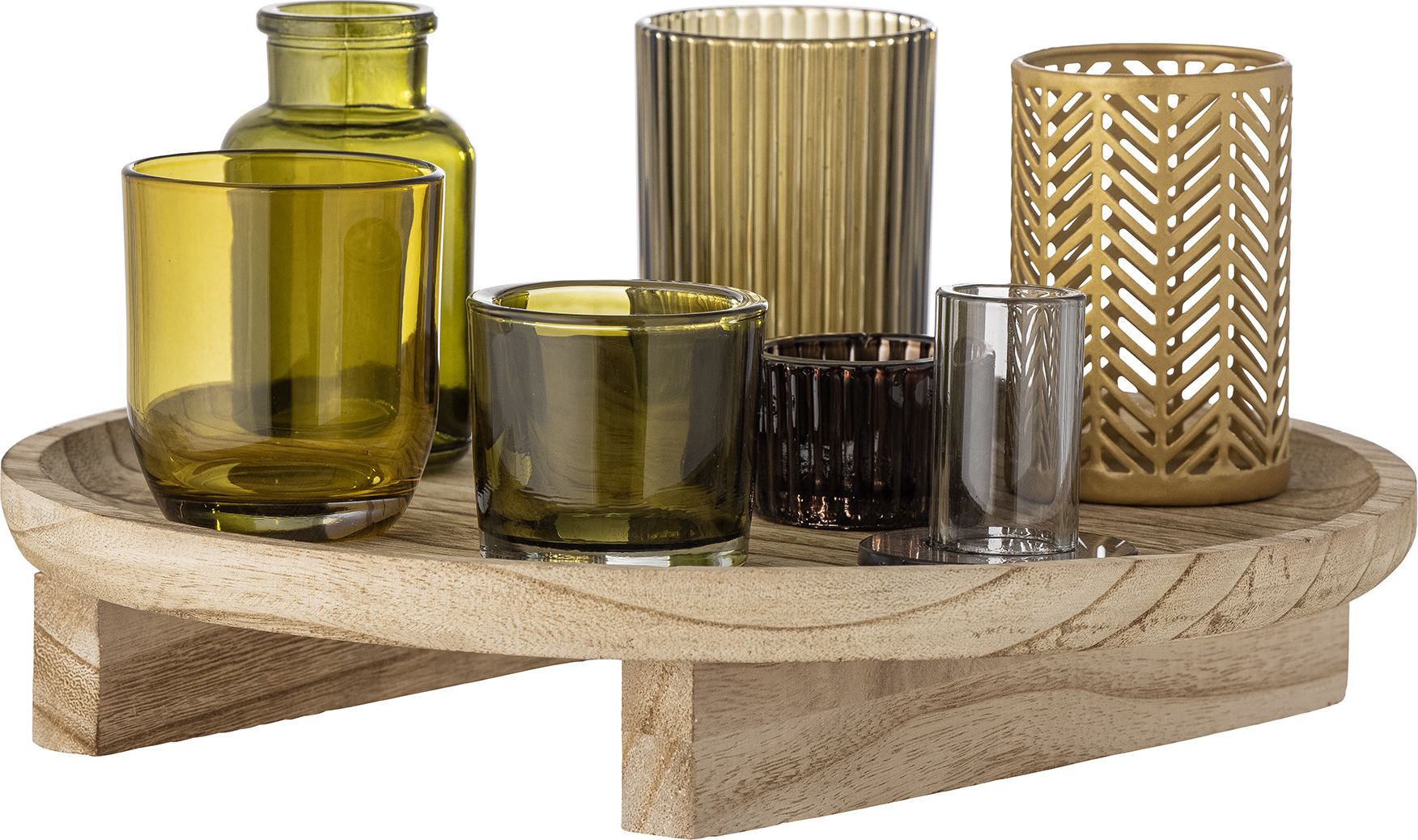 Świeczniki na tealighty Sanga beżowo-zielone z tacą 6 el.