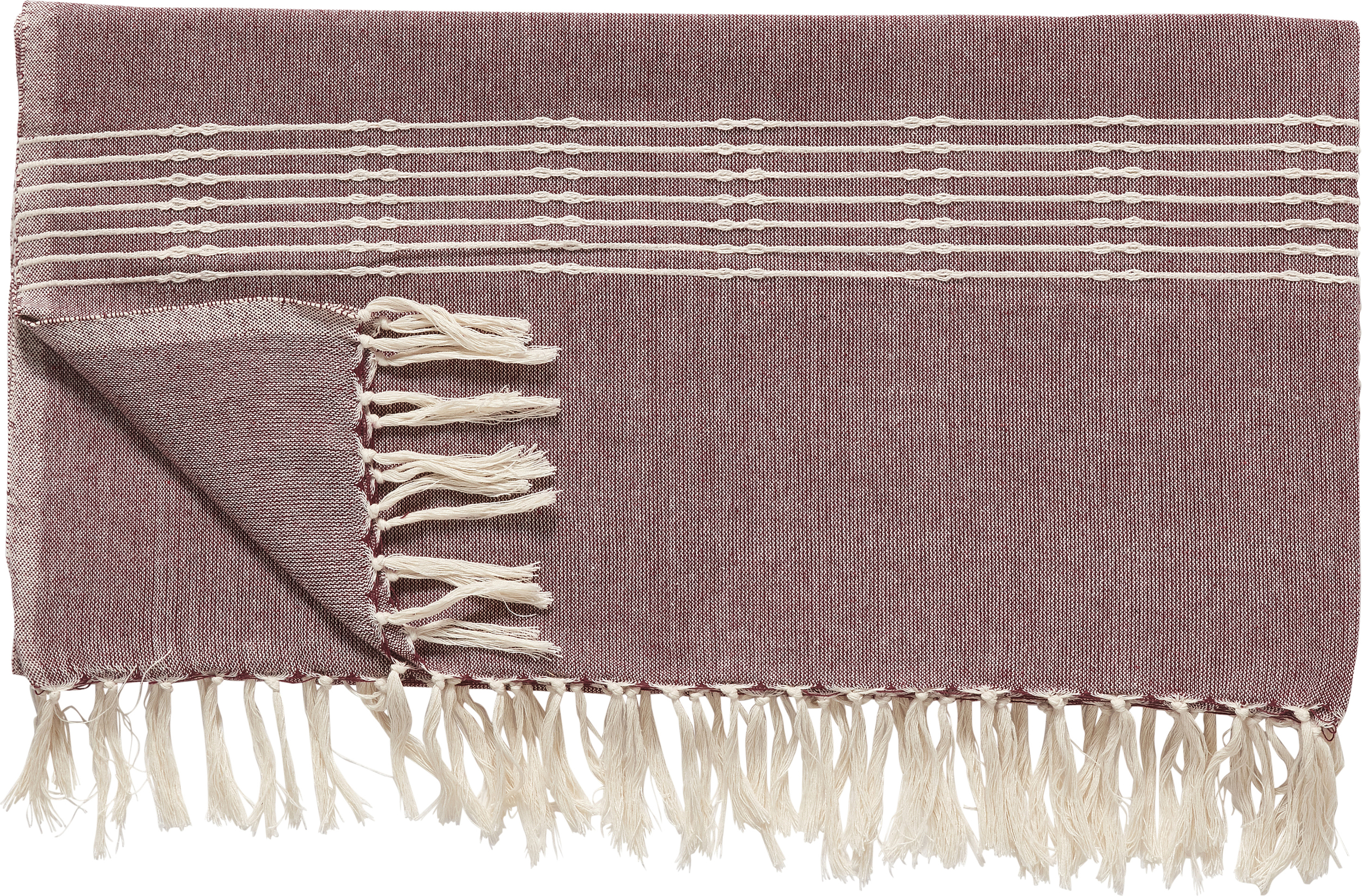 Pled Hübsch bordowy w paski z frędzlami