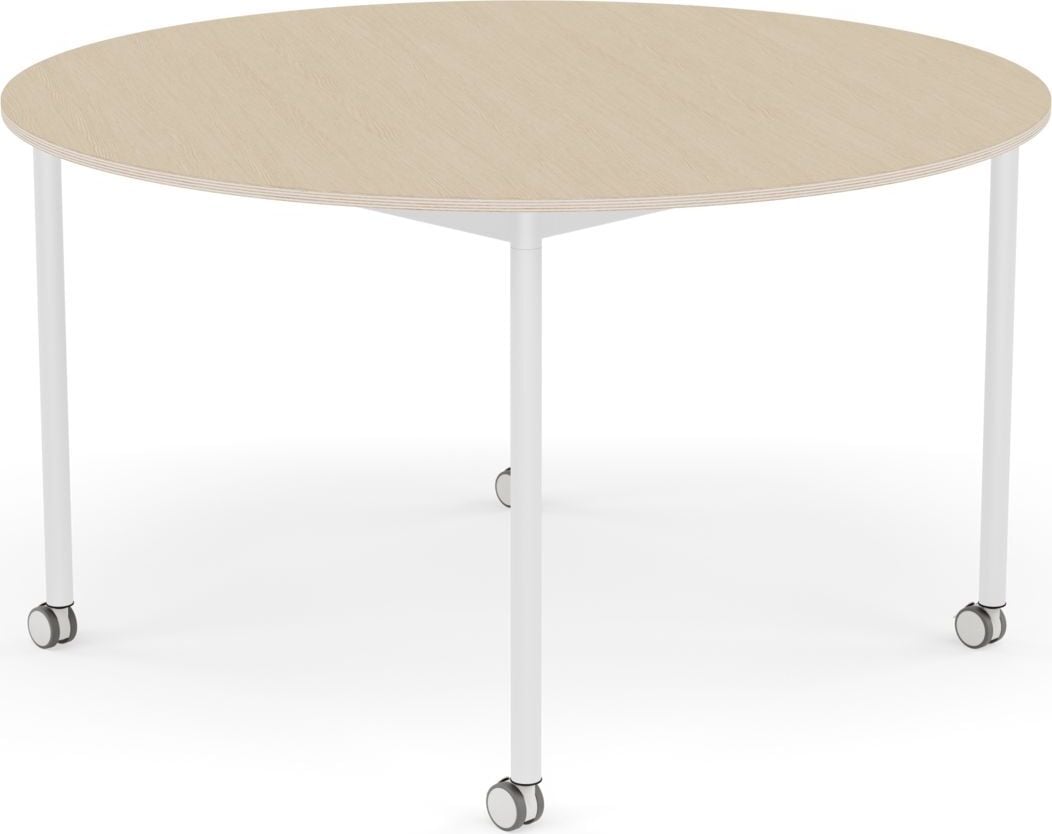 Stół na kółkach Base okrągły 128 cm okleina dąb lakierowany nogi białe