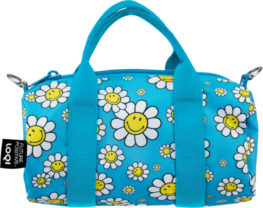 Torba LOQI Weekender Artist Smiley Flowers S niebieska z recyklingu