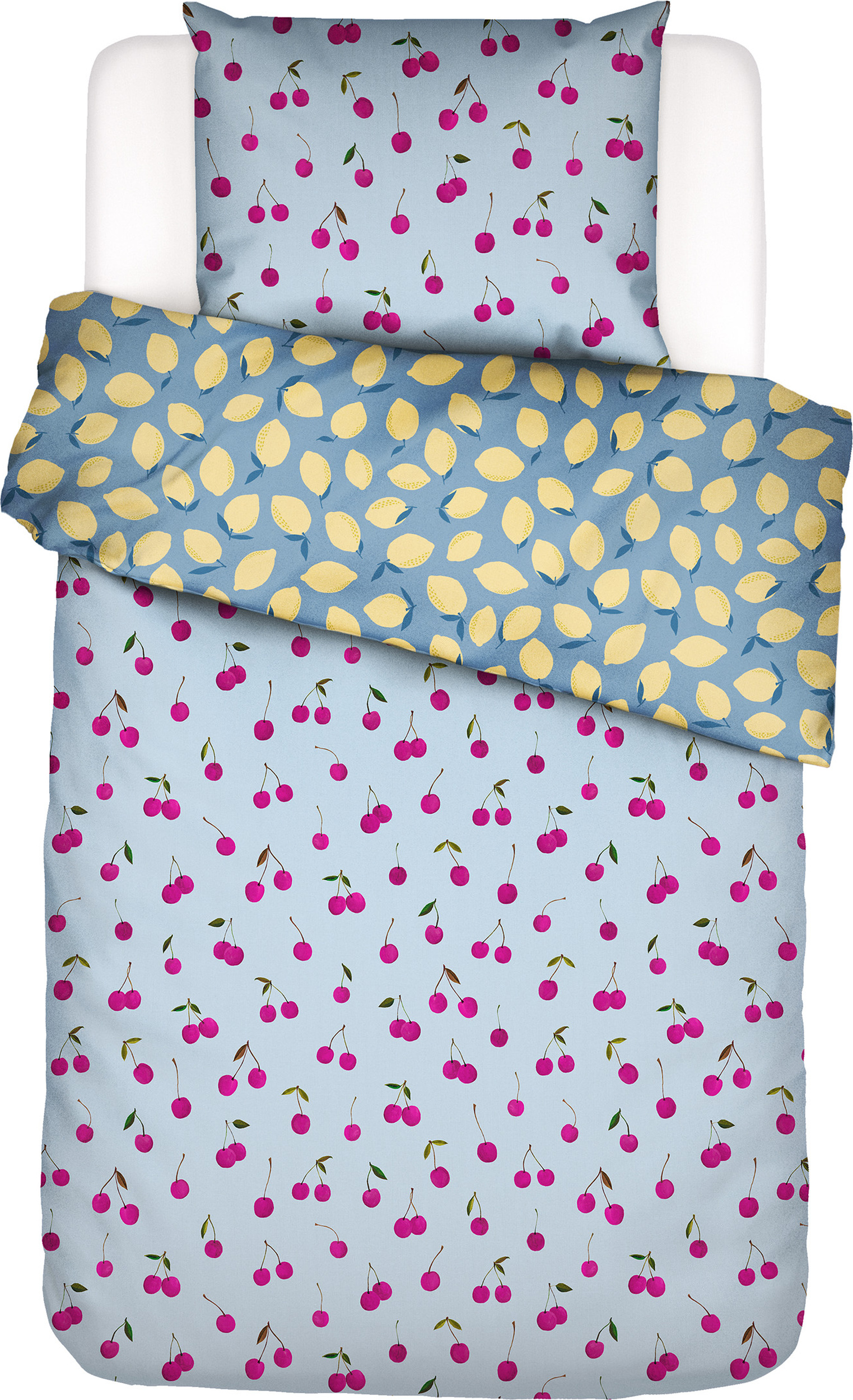 Pościel Zesty Cherry 140 x 220 cm jasnoniebieska z poszewką na poduszkę 60 x 70 cm zapięcie flap