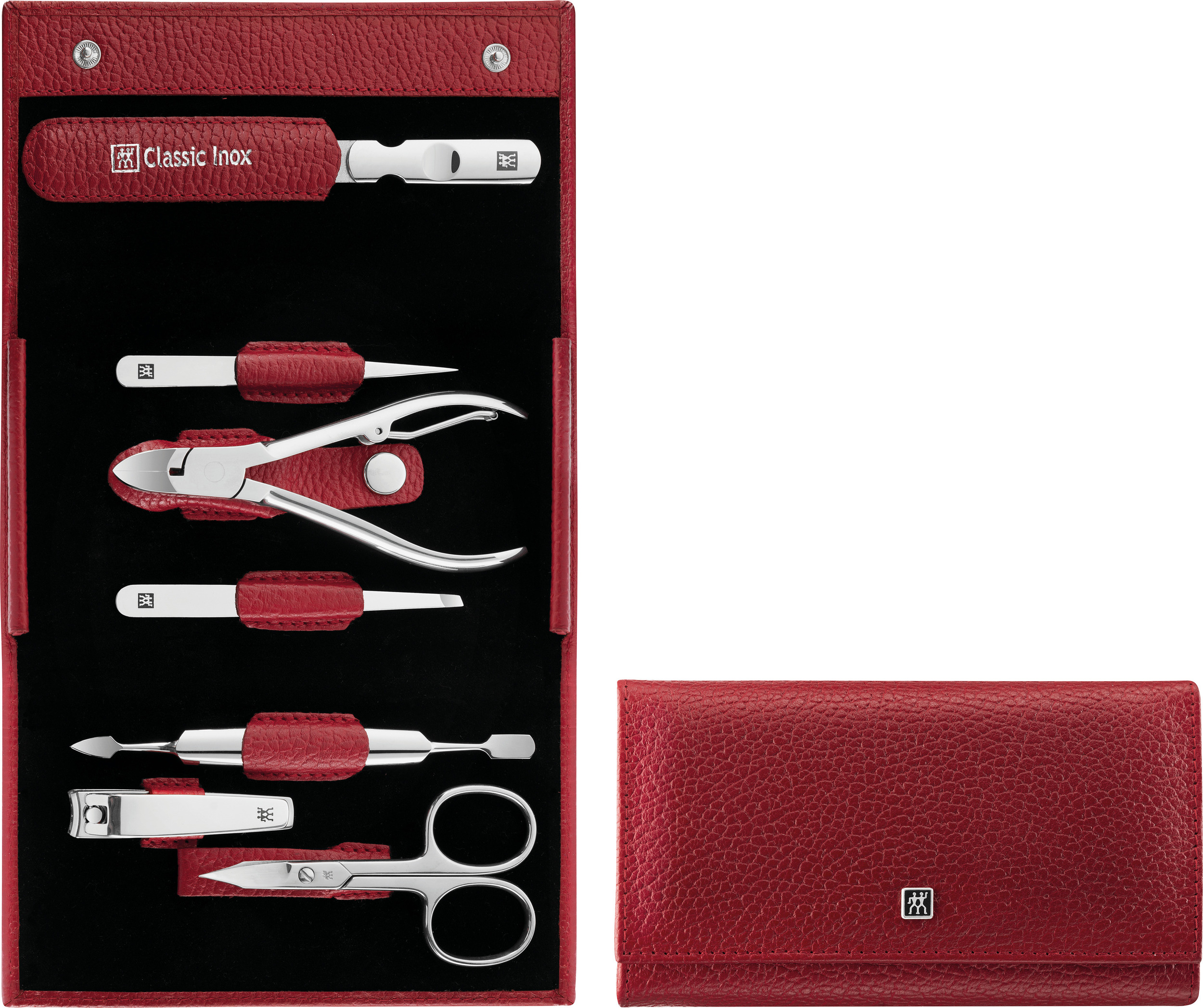 Akcesoria do manicure Classic Inox czerwone w skórzanym etui poziomym 7 el.