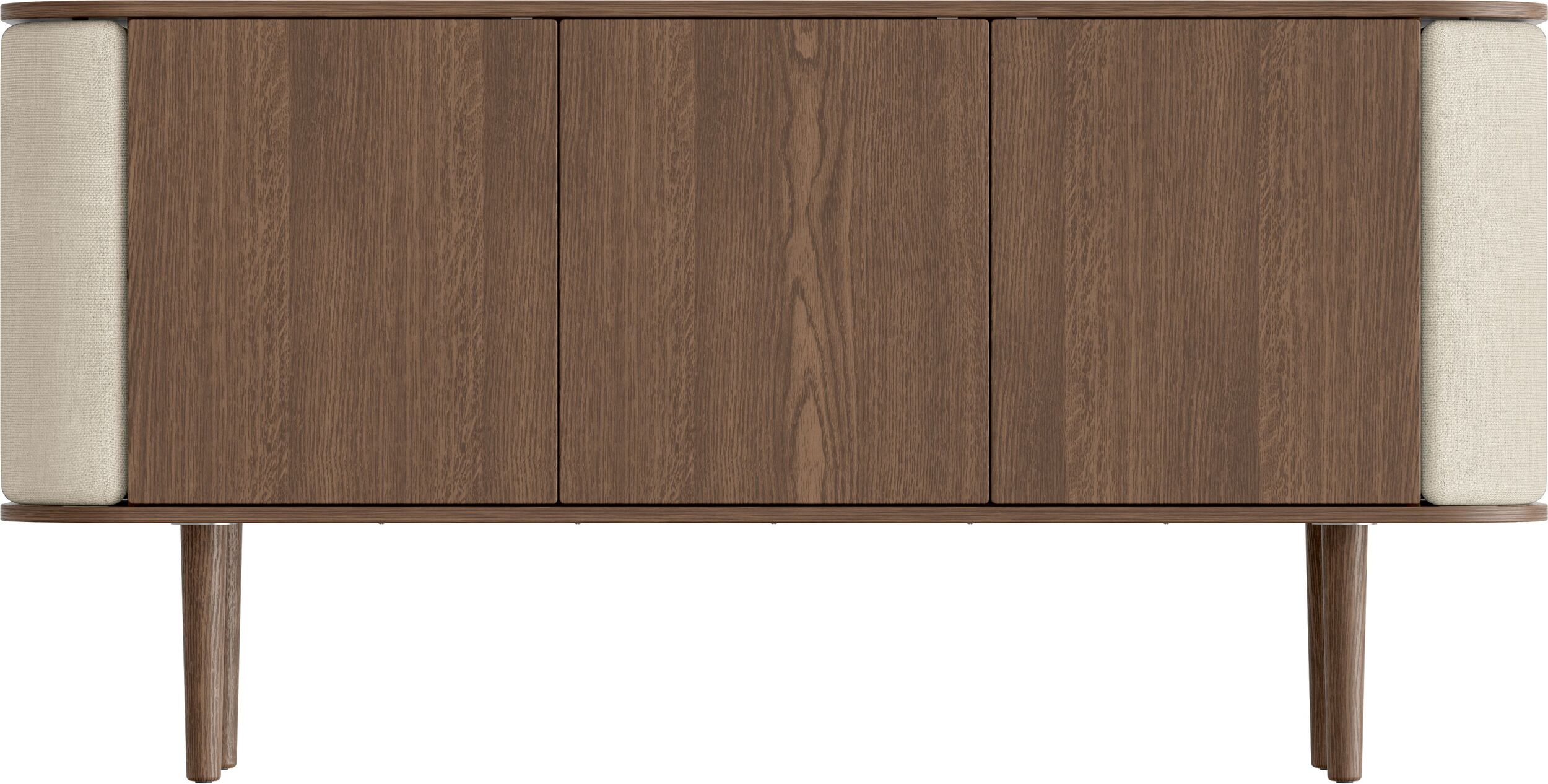Komoda trzydrzwiowa Treasures ciemny dąb i jasnopiaskowa tkanina