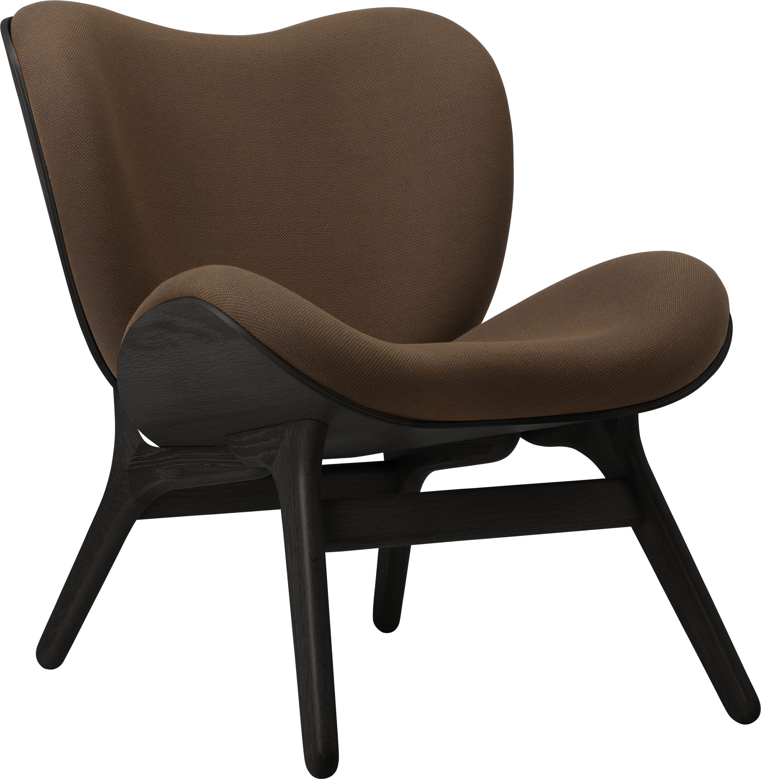Fotel Conversation Piece ciemnobrązowy na czarnych dębowych nogach