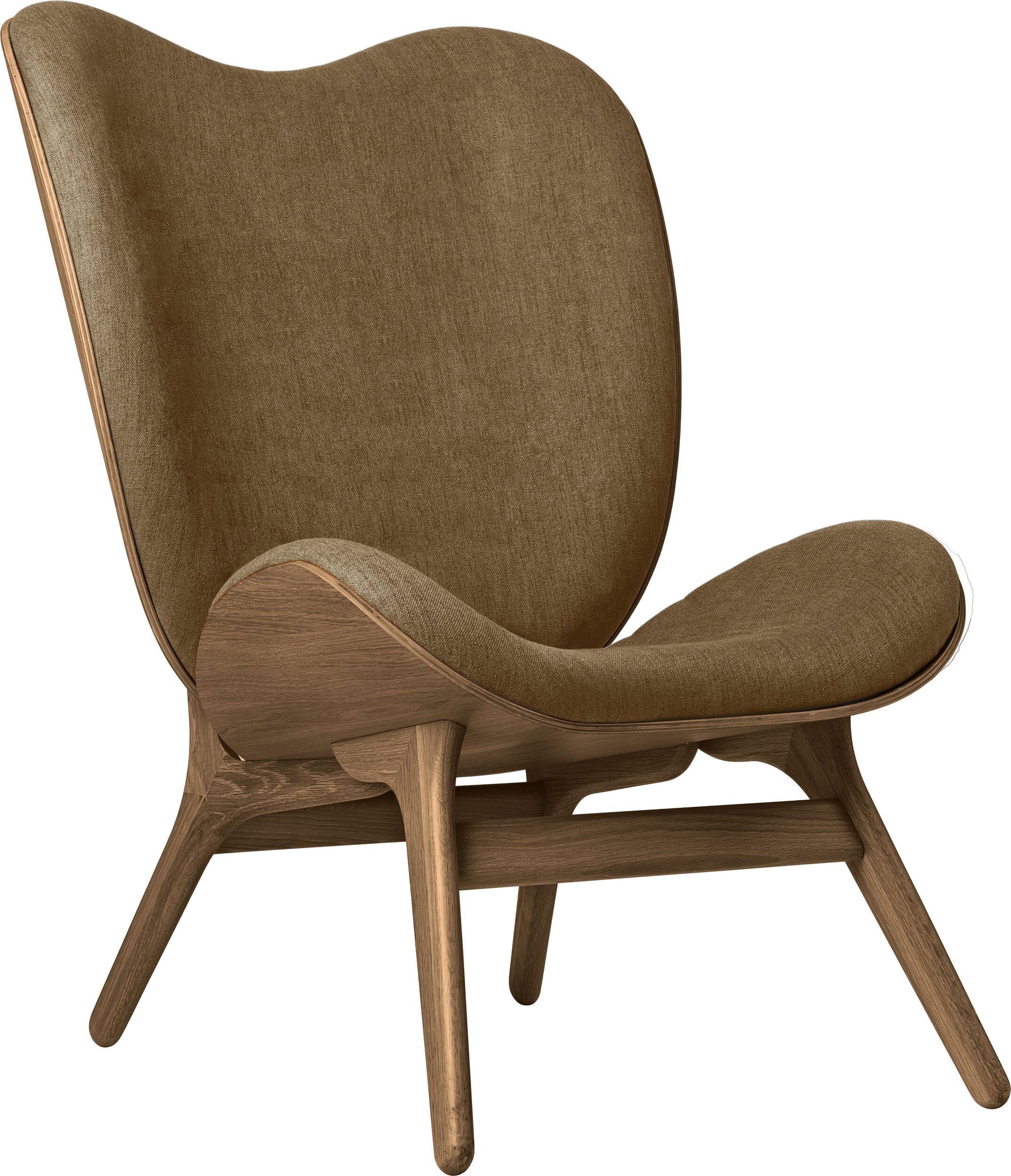 Fotel Conversation Piece 106 cm brązowy na ciemnych dębowych nogach