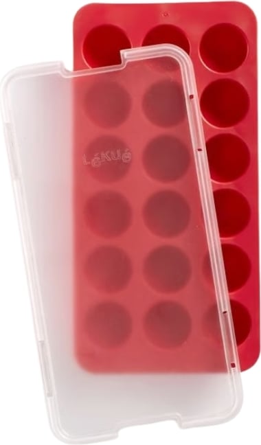 Foremka do lodu Lekue okrągłe kostki czerwona z pokrywką