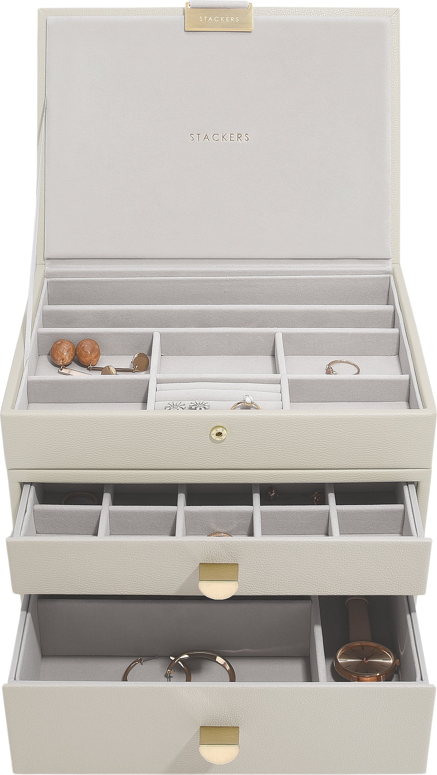Szkatułka na biżuterię Stackers Classic potrójna jasnobeżowa z 2 szufladami