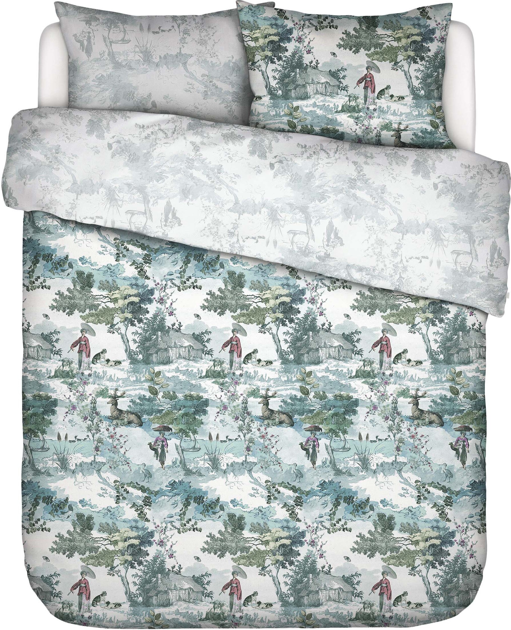 Pościel Colette 260 x 220 cm biało-zielona z 2 poszewkami na poduszki 60 x 70 cm zapięcie flap