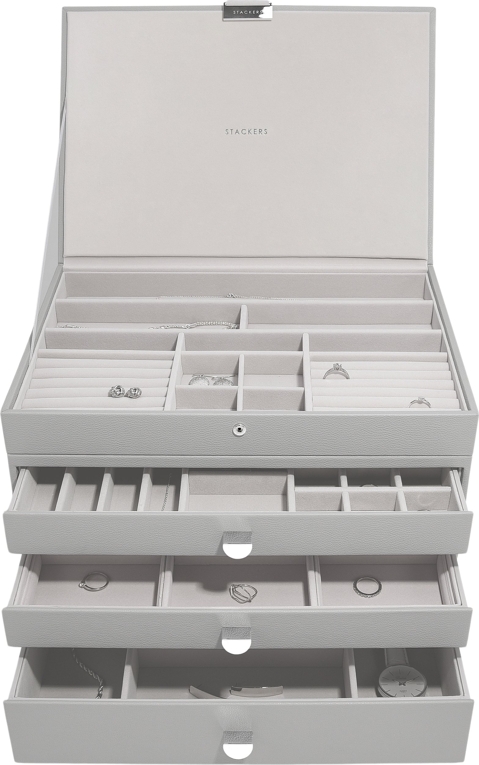 Szkatułka na biżuterię Stackers poczwórna supersize szara z 3 szufladami