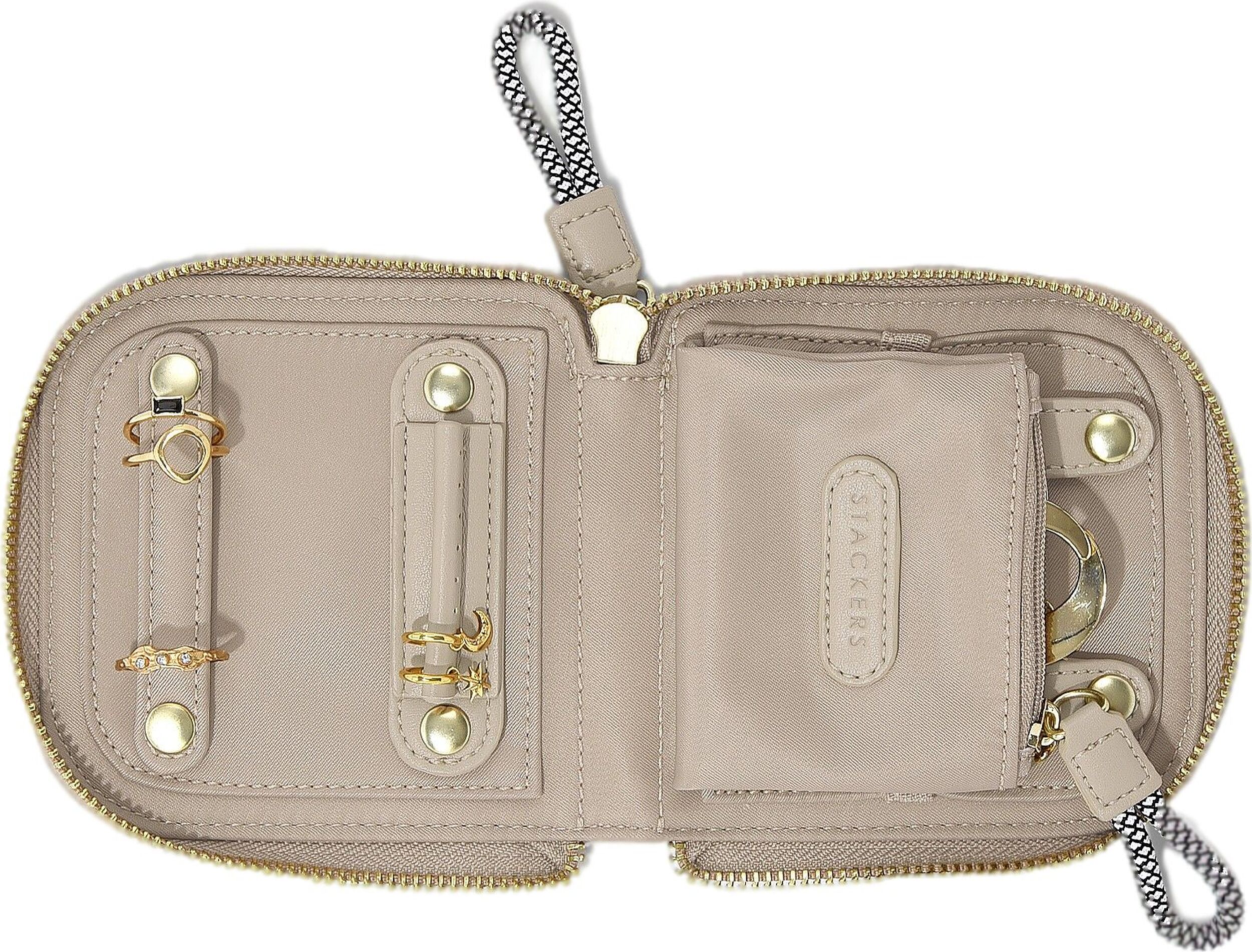 Pudełko podróżne na biżuterię z miejscem na pierścionki Stackers małe beżowoszare nylonowe