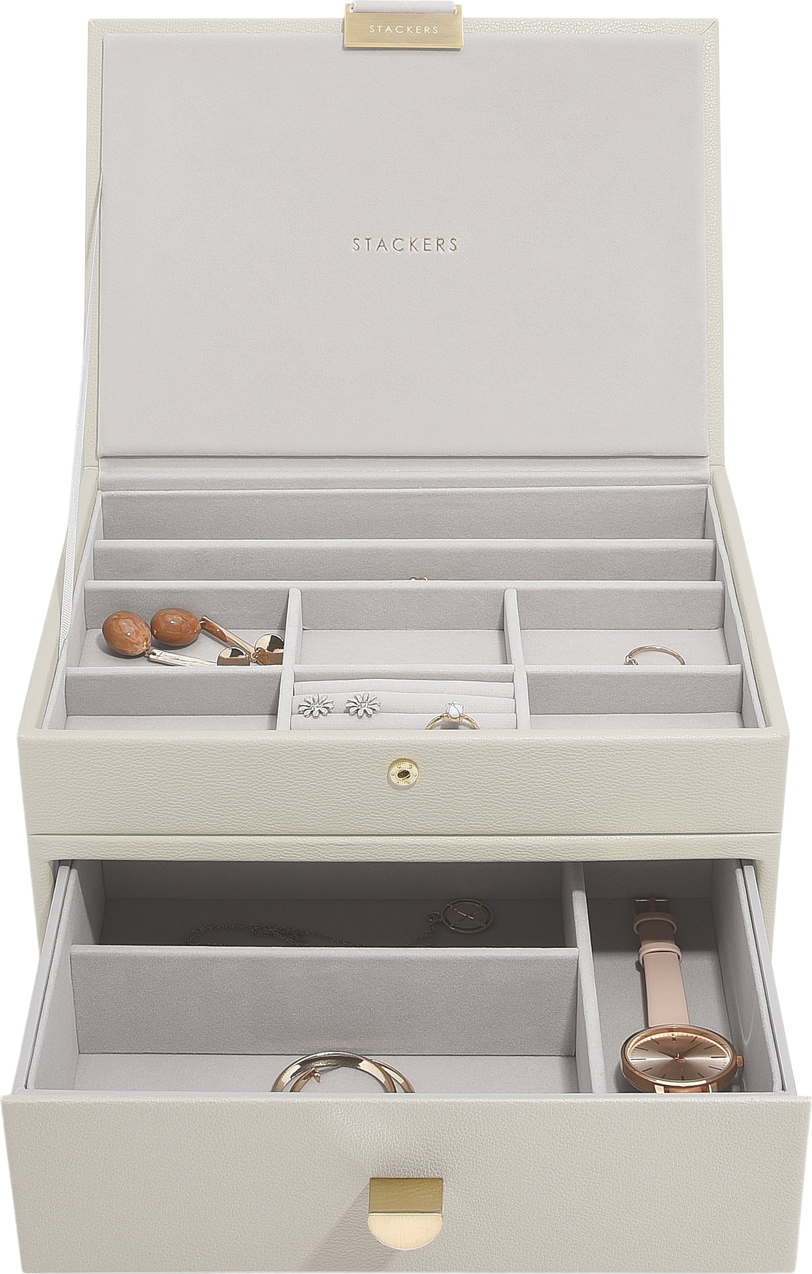 Szkatułka na biżuterię Stackers Classic podwójna jasnobeżowa z szufladą