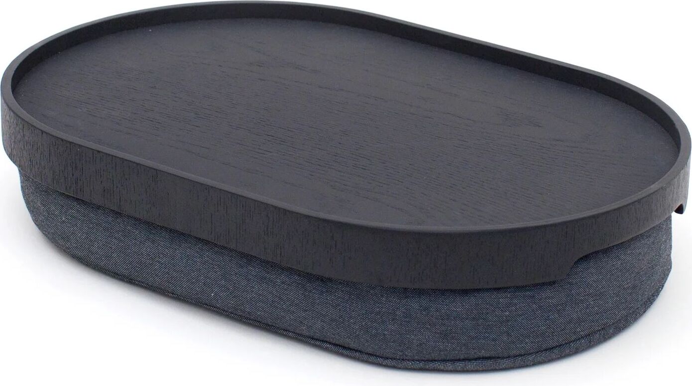 Taca Laptray owalna M czarny mat drewno wierzbowe z antypoślizgową powłoką i z szarą poduszką