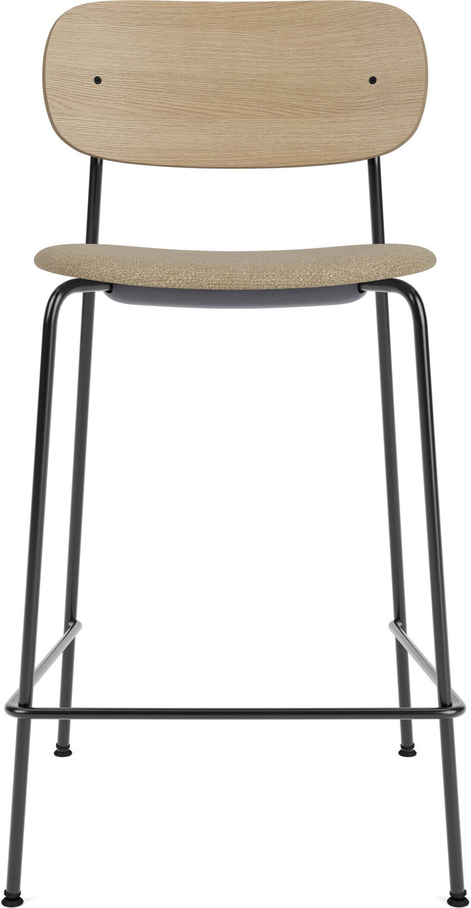 Krzesło barowe Co 95 cm beżowe oparcie jasny dąb z tapicerowanym siedziskiem na czarnych nogach