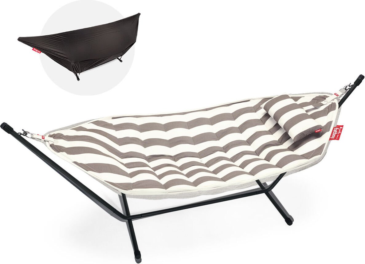 Hamak Headdemock Superb Deluxe w paski brązowo-kremowy ze stojakiem, poduszką i pokrowcem