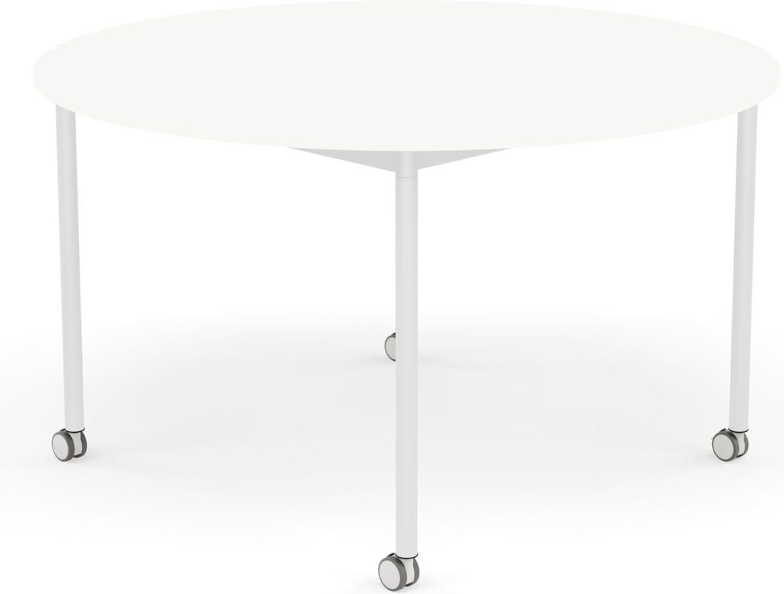 Stół na kółkach Base okrągły 128 cm biały laminowany ABS nogi białe