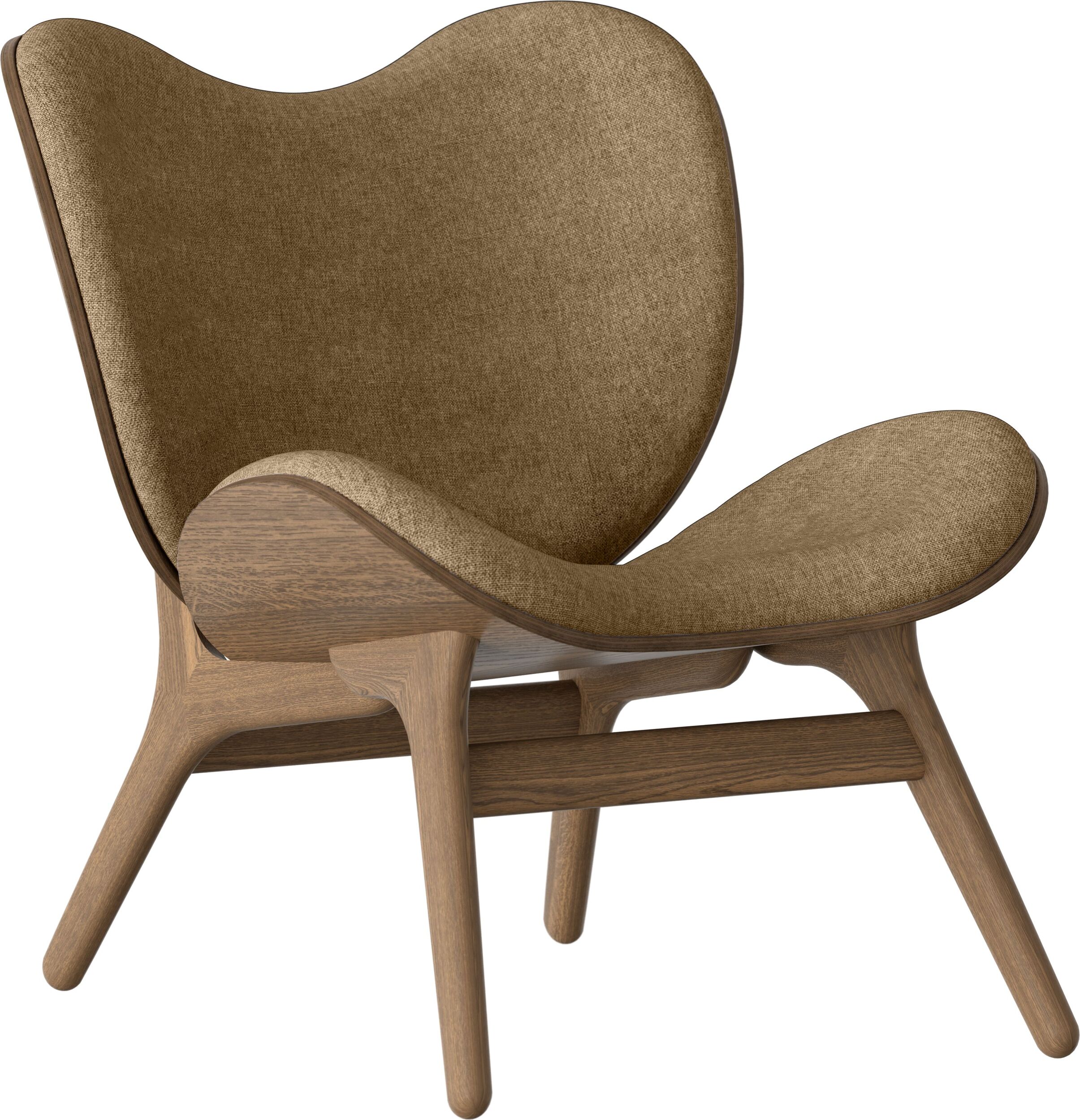 Fotel Conversation Piece brązowy na ciemnych dębowych nogach