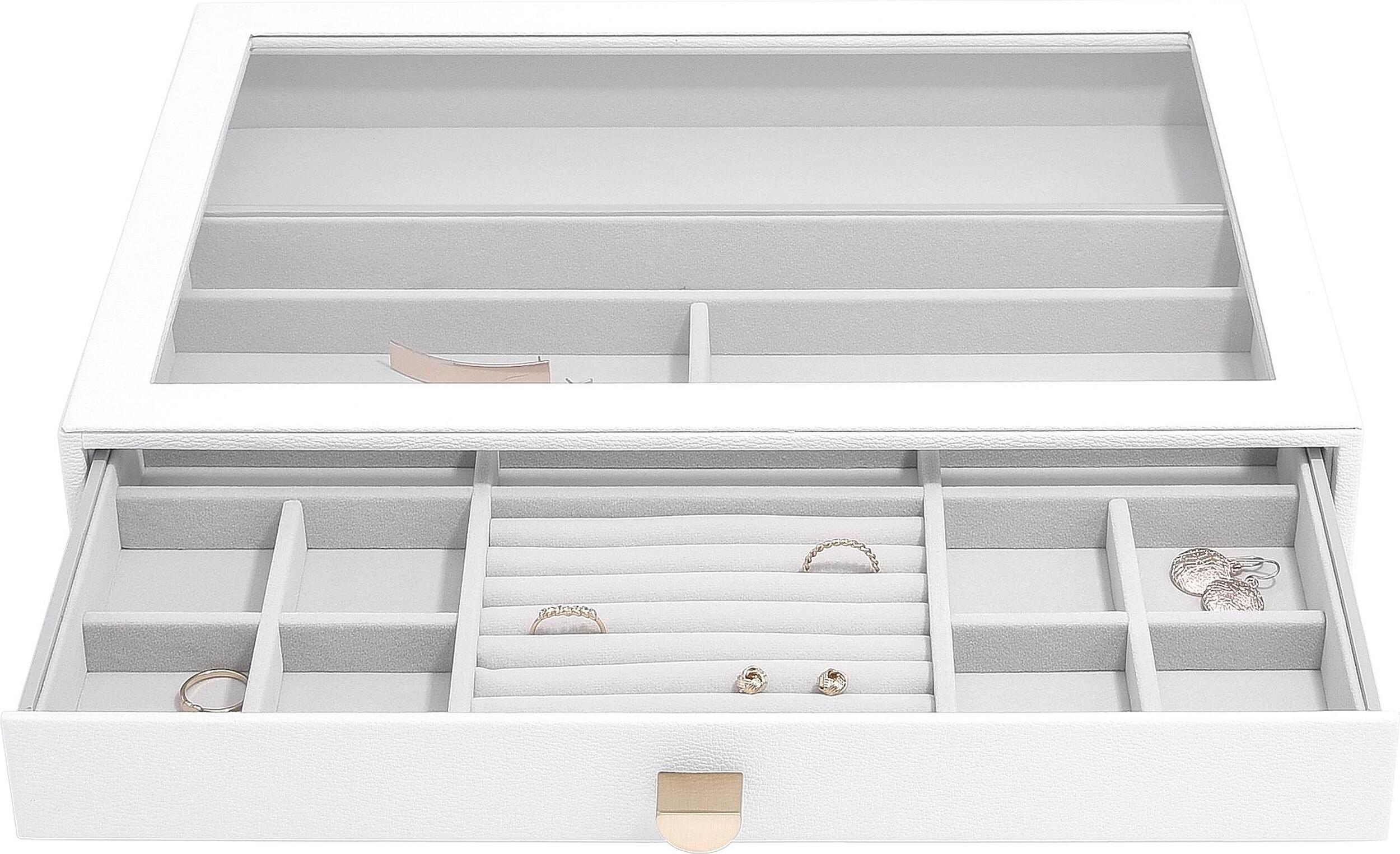 Szkatułka na biżuterię Stackers Pebble 16 komorowa supersize biała z szufladą i szklaną pokrywką