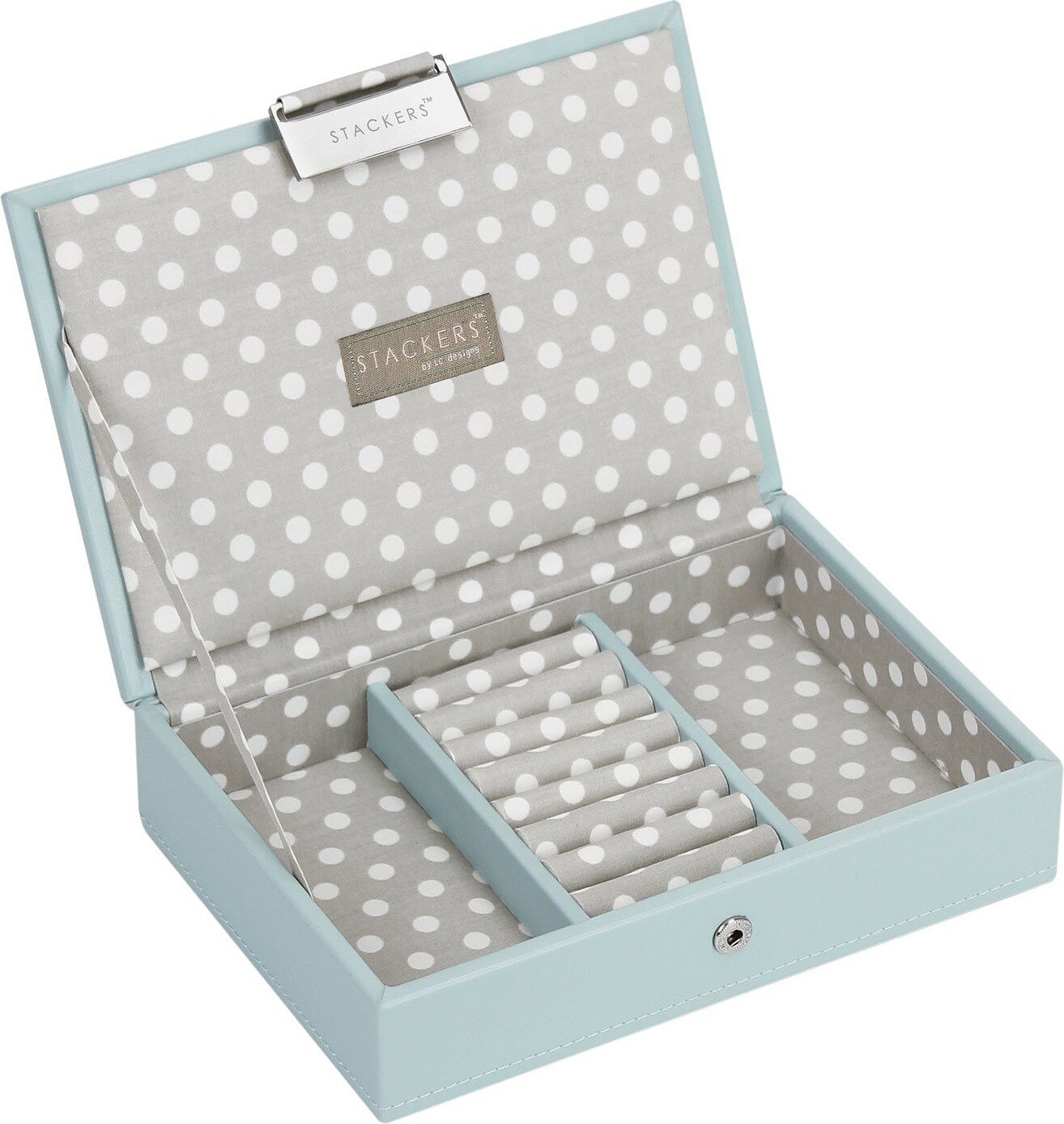 Szkatułka na biżuterię Stackers w groszki mini błękitno-szara z pokrywką