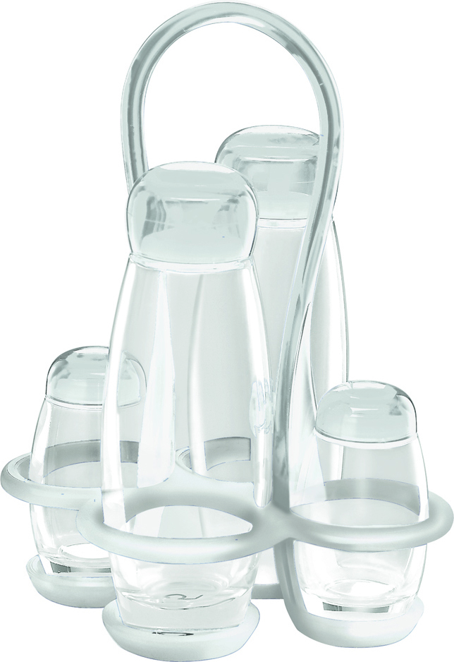 Dozowniki do oliwy i octu Gocce transparentne z solniczką i pieprzniczką na stojaku 5 el.