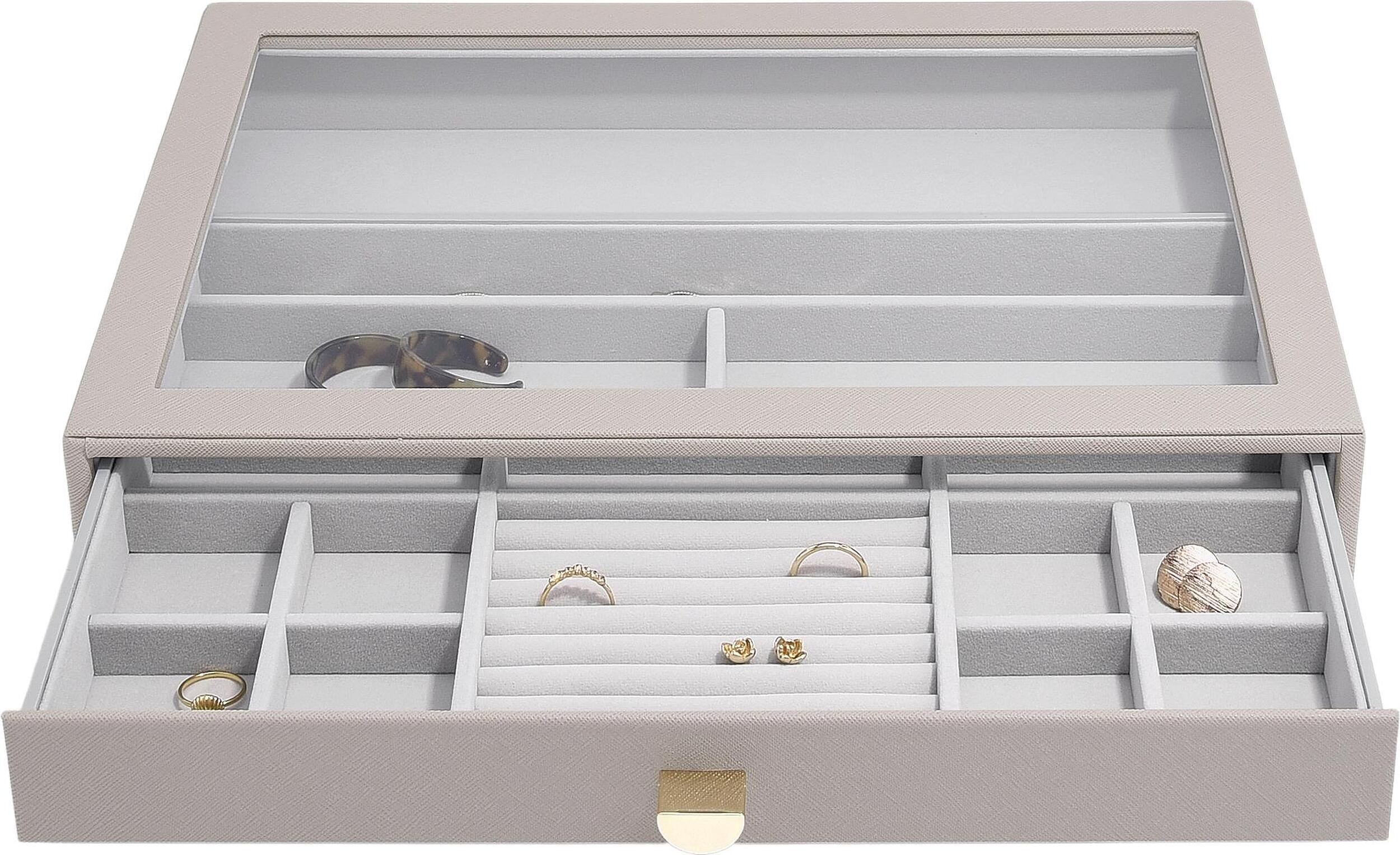 Szkatułka na biżuterię Stackers 16 komorowa supersize taupe z szufladą i szklaną pokrywką