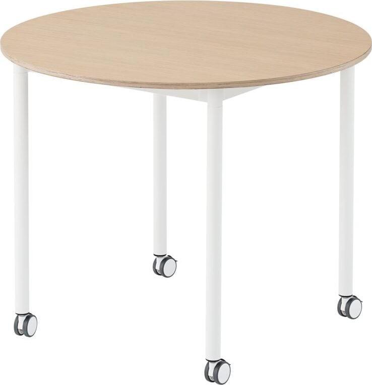 Stół na kółkach Base okrągły 90 cm okleina dąb lakierowany nogi białe