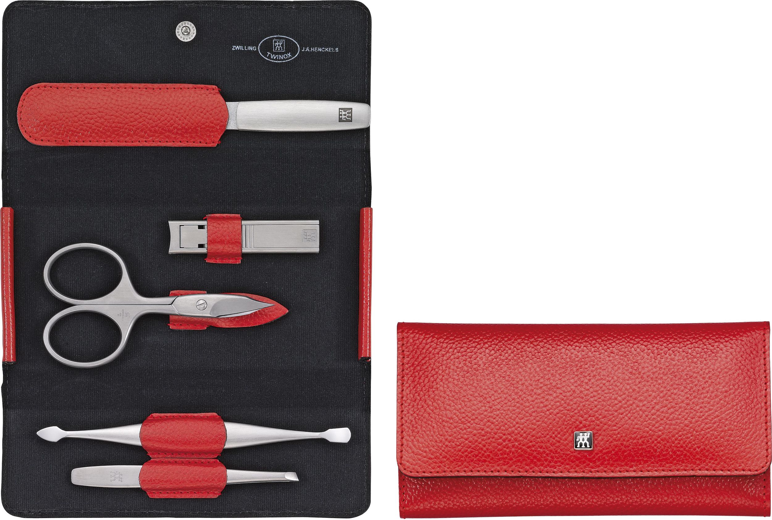 Akcesoria do manicure Twinox czerwone w skórzanym etui poziomym 5 el.