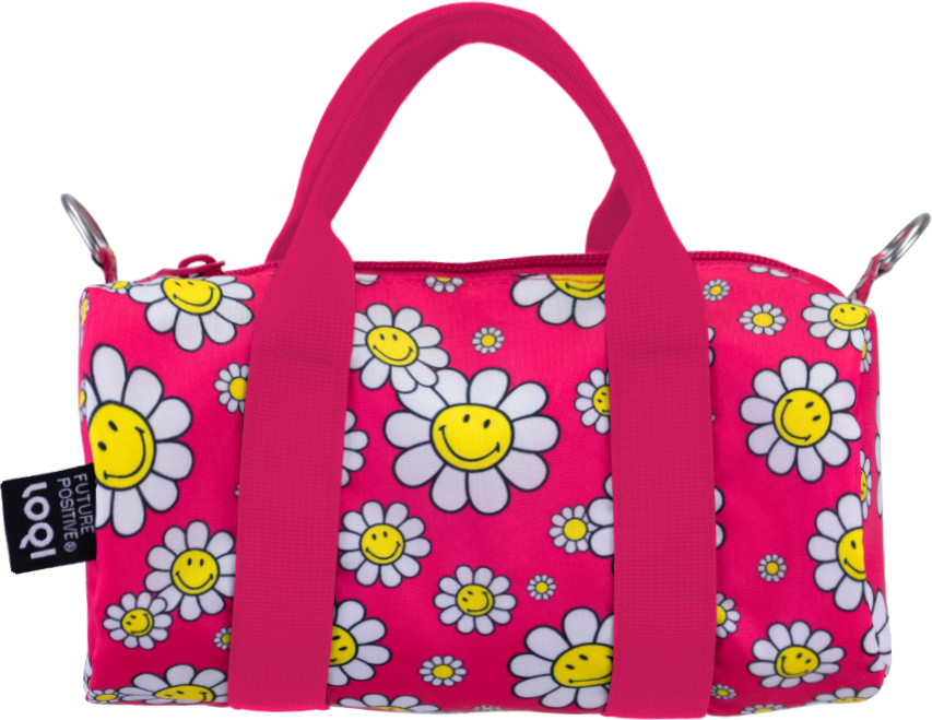Torba LOQI Weekender Artist Smiley Flowers S malinowa z recyklingu