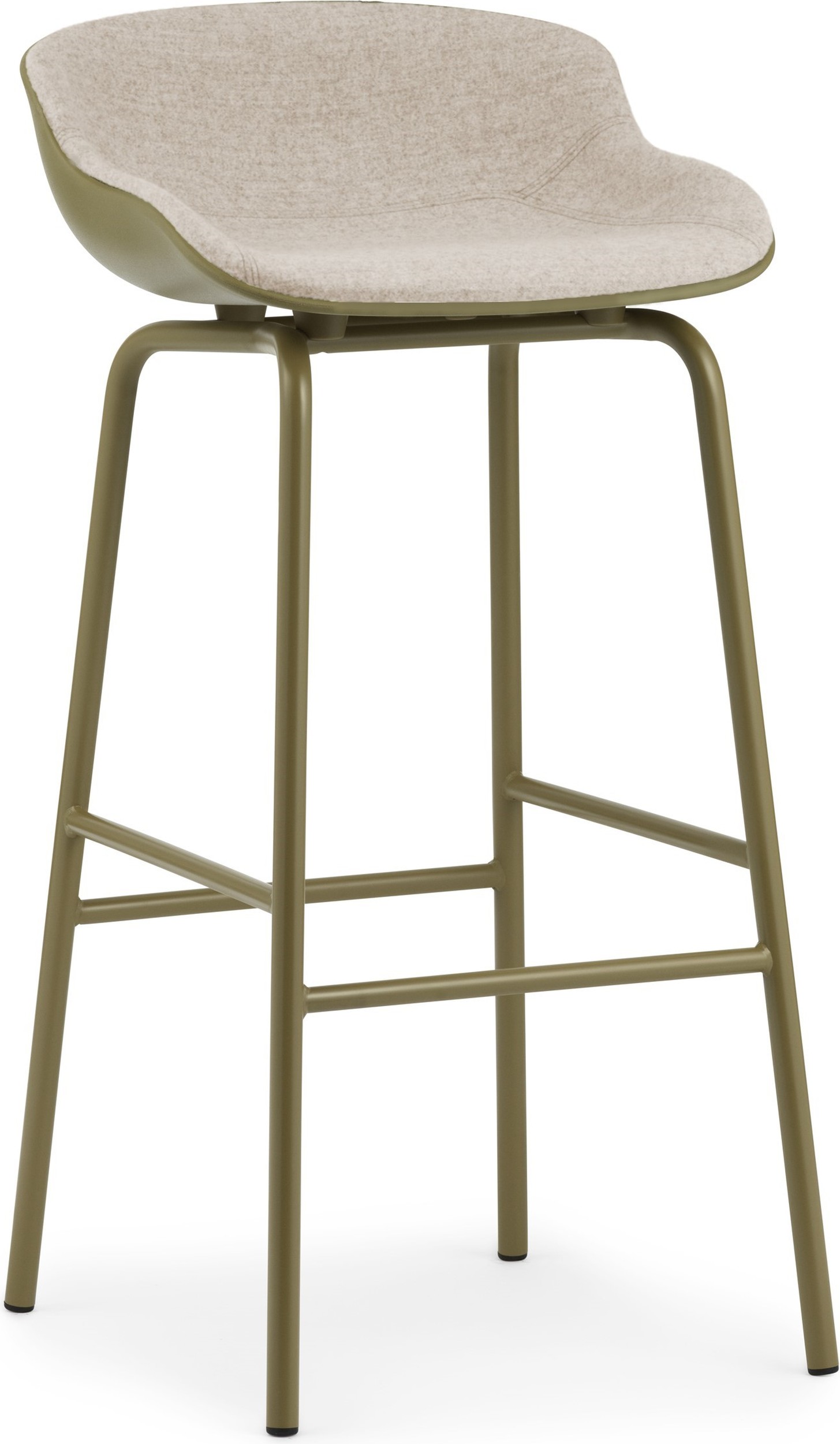 Stołek barowy Hyg 75 cm oliwkowy z tapicerowanym beżowym przodem siedziska