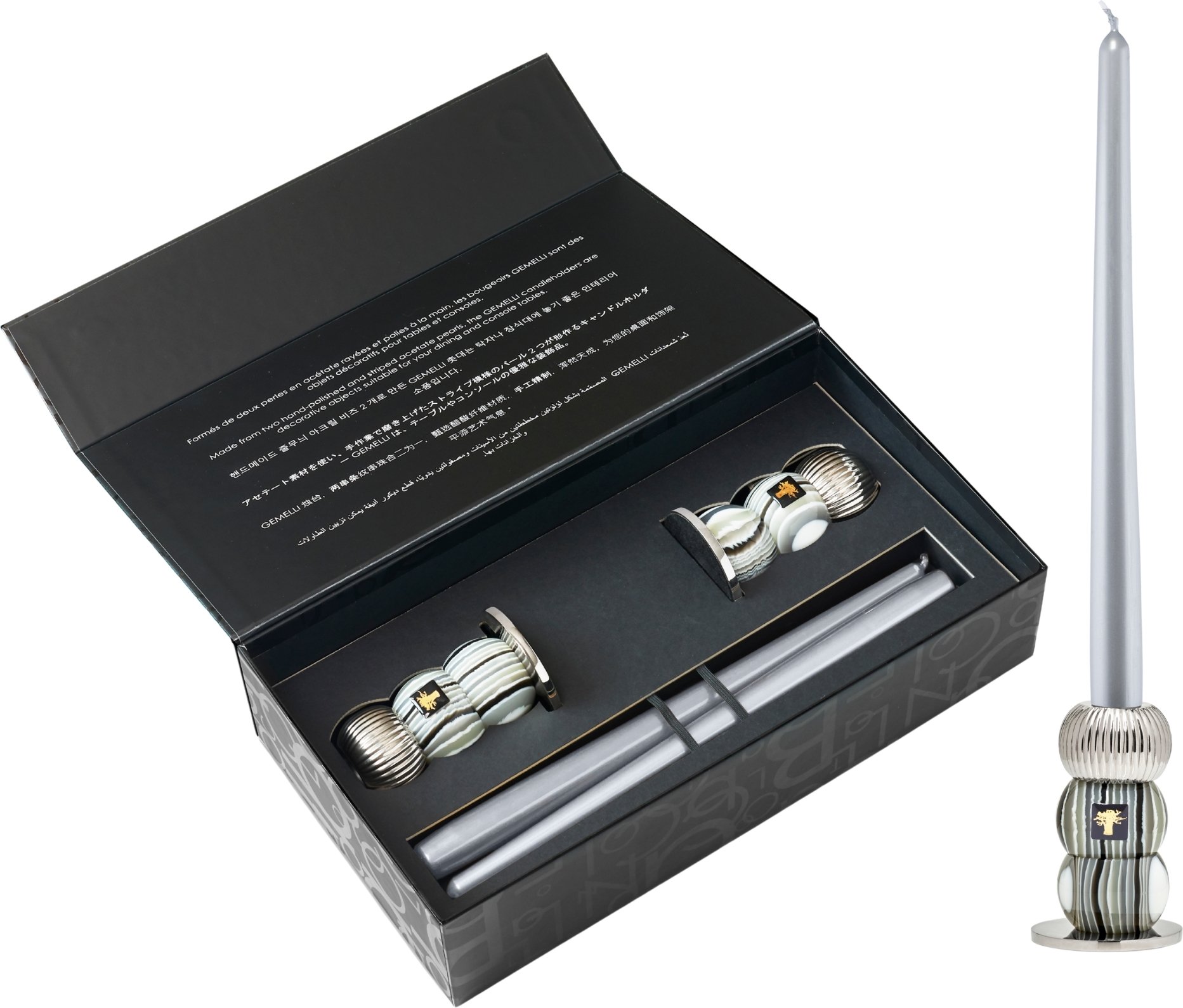 Zestaw świeczników ze świecami Gemelli Silver 4 el.