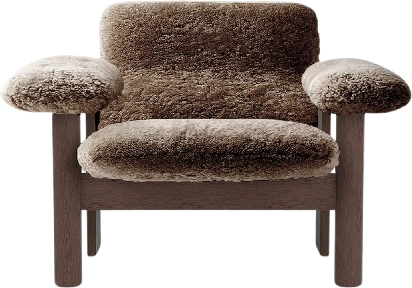 Fotel Brasilia Sheepskin niski brązowy na ciemnych dębowych nogach