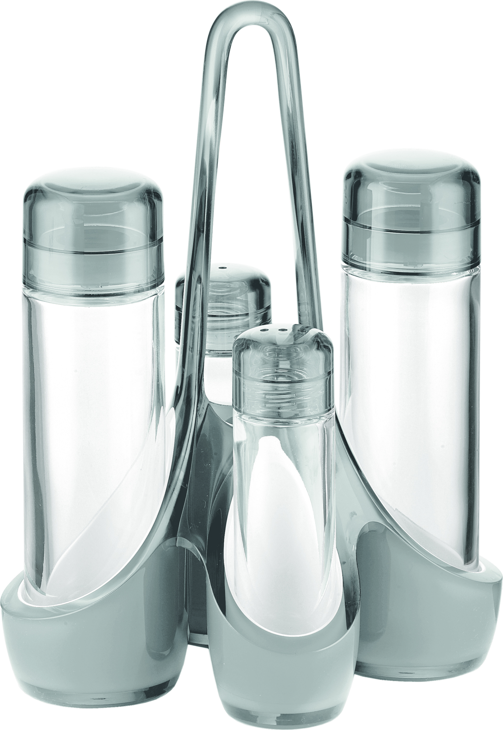 Dozowniki do oliwy i octu Two-tone szare z solniczką i pieprzniczką na stojaku 5 el.