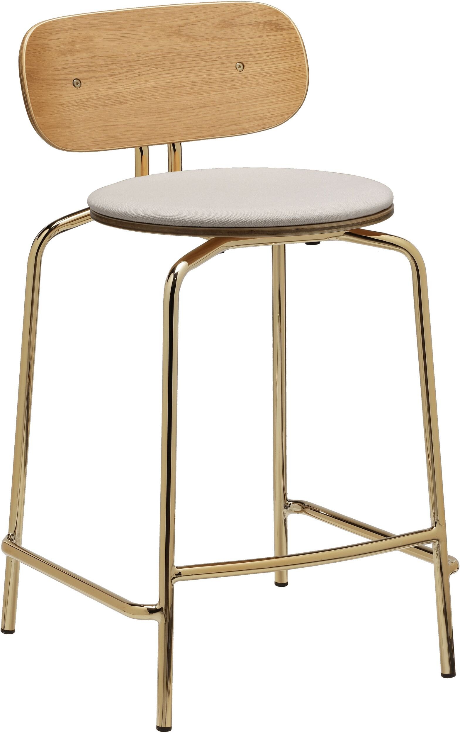 Krzesło Curious Counter jasnopiaskowe z tapicerowanym siedziskiem na mosiężnych nogach