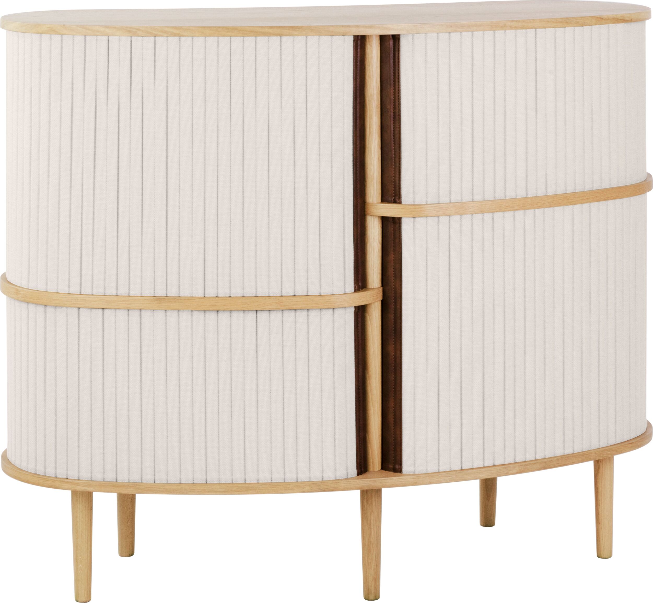 Szafka Audacious wysoka jasnopiaskowa na dębowych nogach