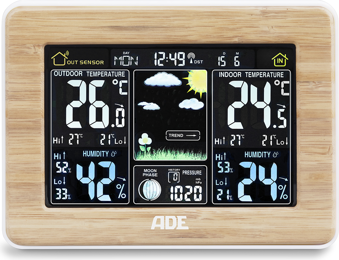 Stacja pogodowa ADE bambusowa z czujnikiem zewnętrznym bezprzewodowym