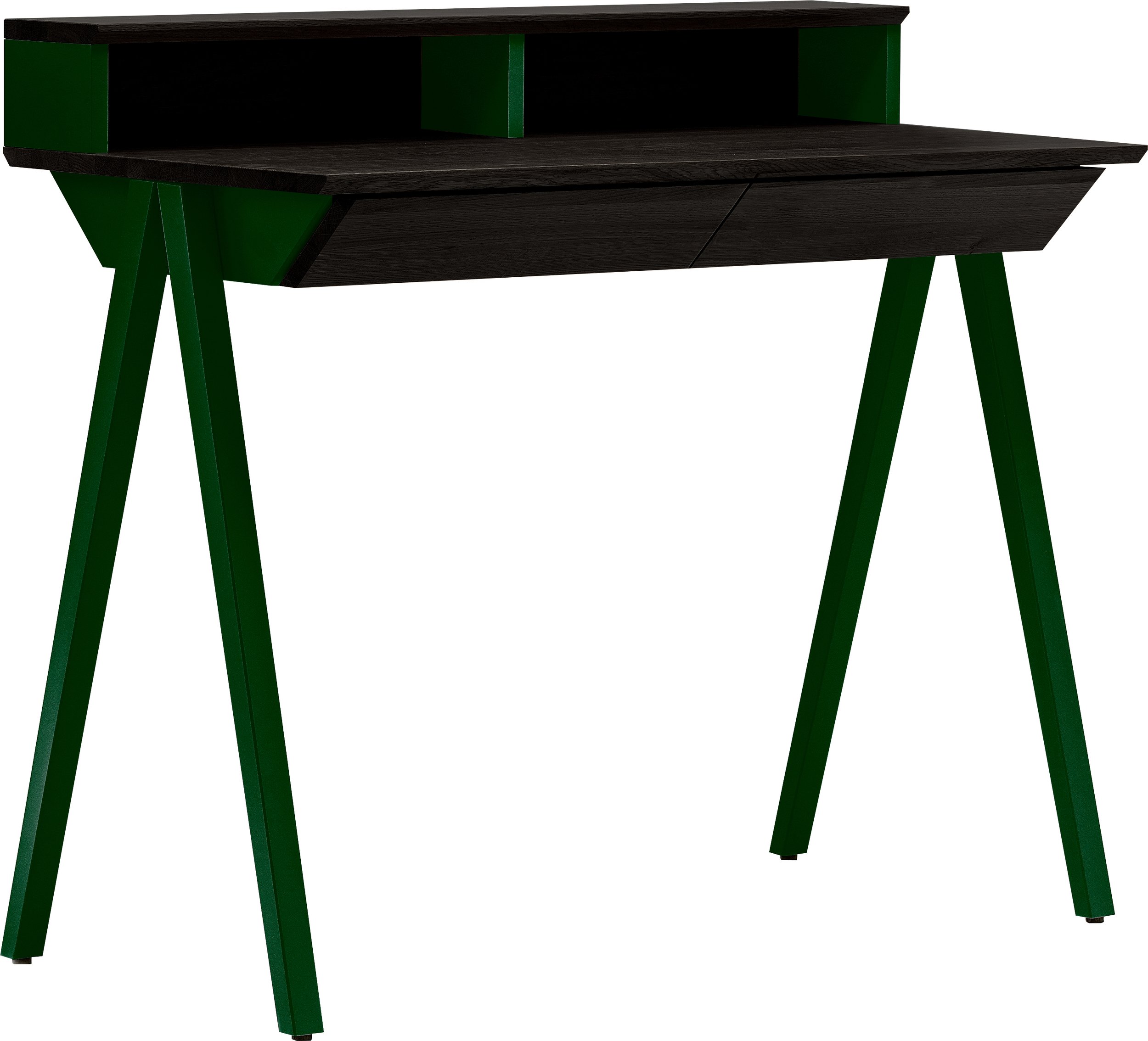 Biurko Vogel małe z nadstawką i czarnym blatem zielone nogi