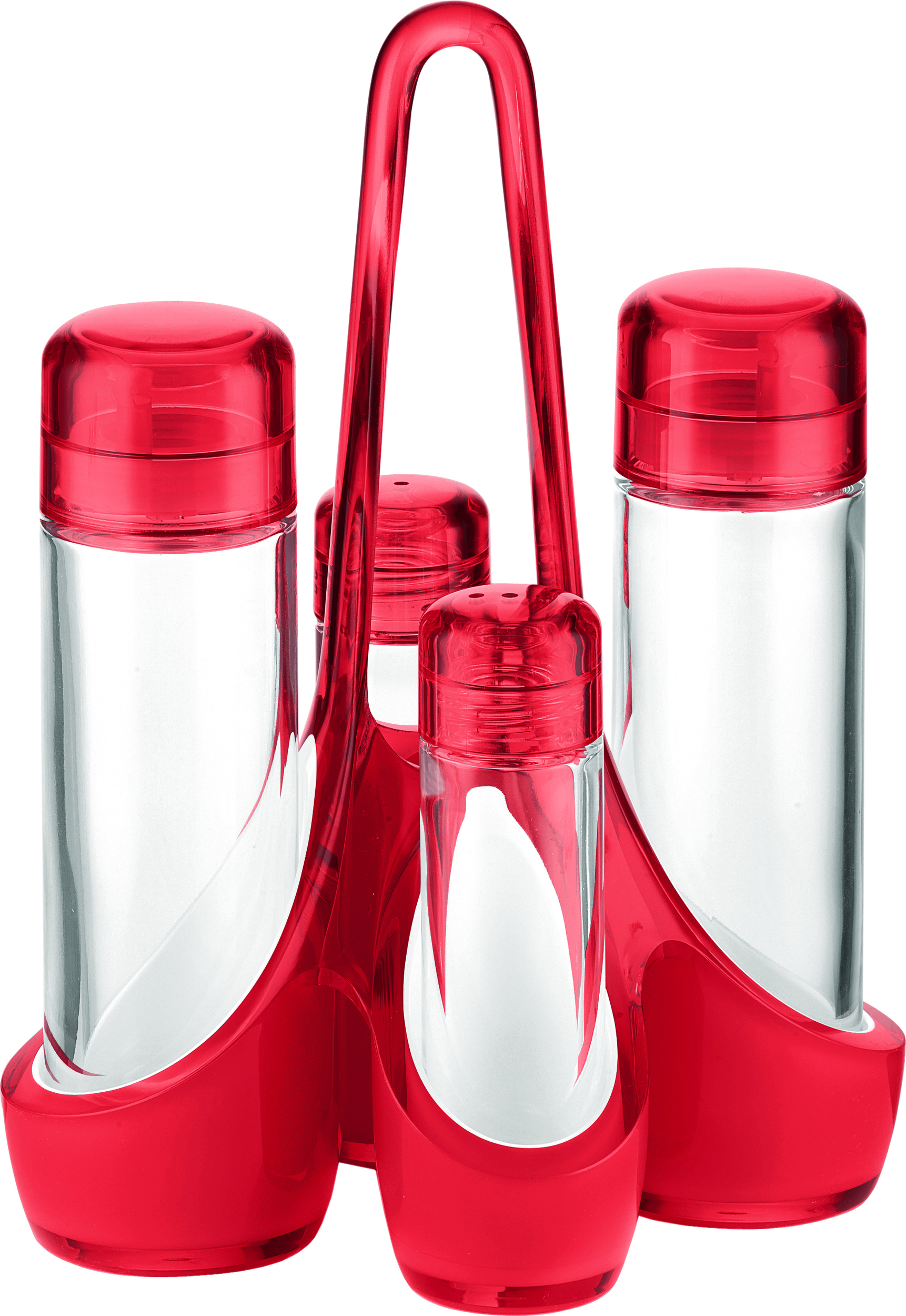 Dozowniki do oliwy i octu Two-tone czerwone z solniczką i pieprzniczką na stojaku 5 el.