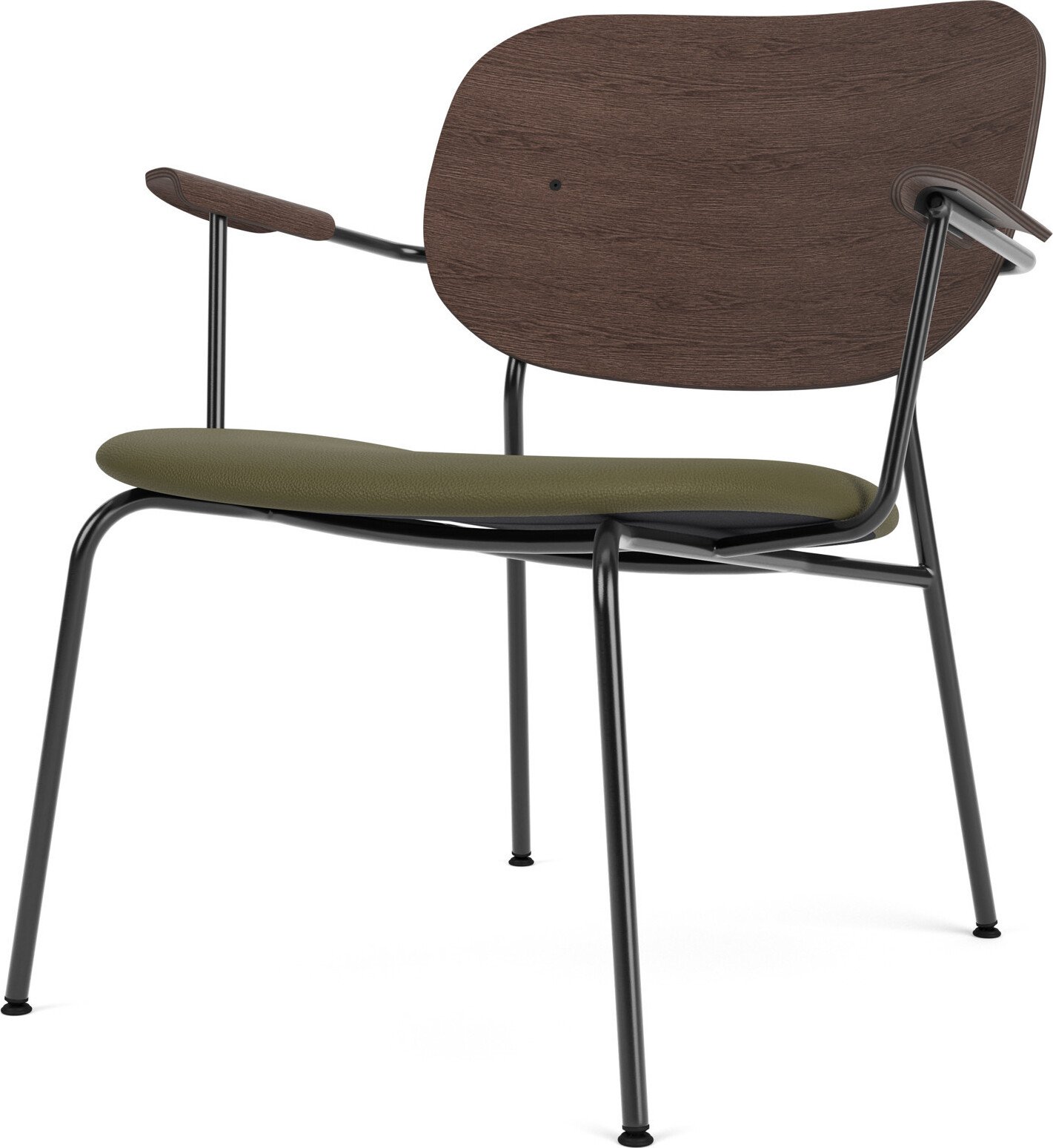 Krzesło Co Sierra niskie zielone oparcie ciemny dąb siedzisko skórzane z podłokietnikami na czarnych nogach