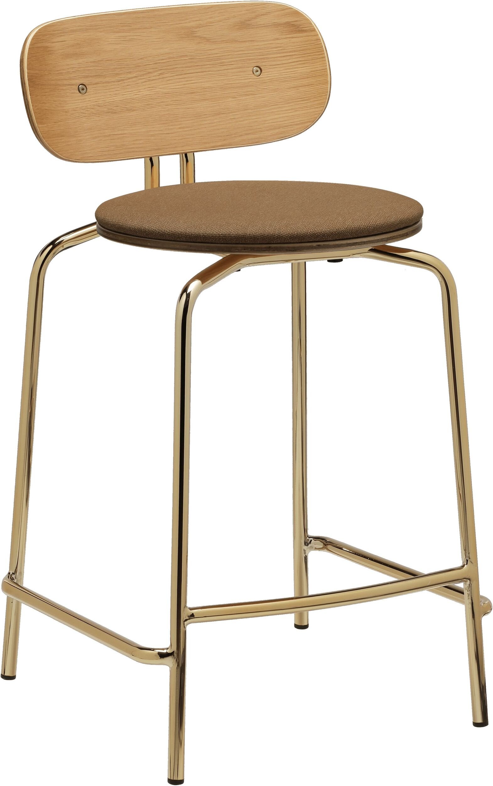 Krzesło Curious Counter brązowe z tapicerowanym siedziskiem na mosiężnych nogach