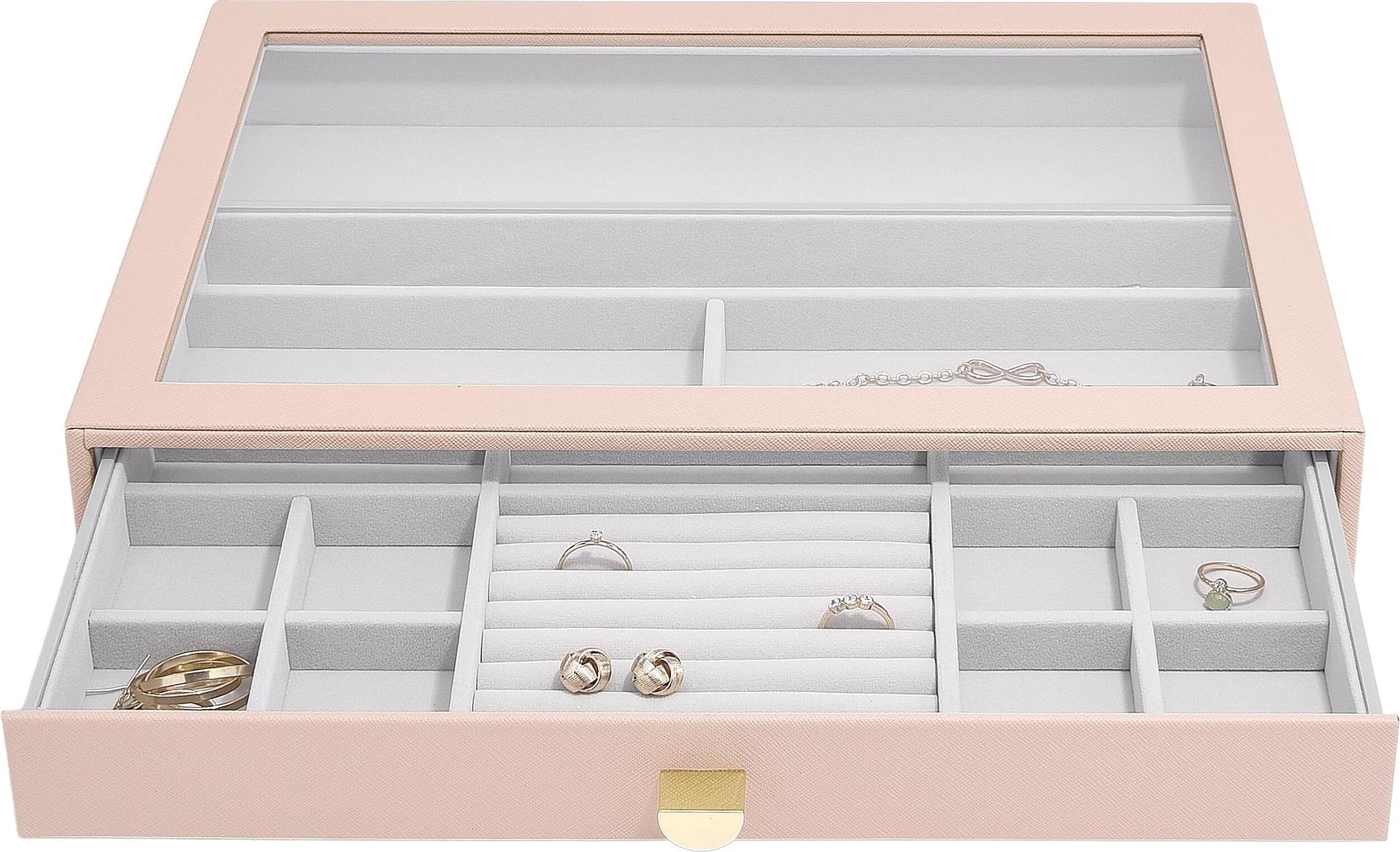 Szkatułka na biżuterię Stackers 16 komorowa supersize różowa z szufladą i szklaną pokrywką