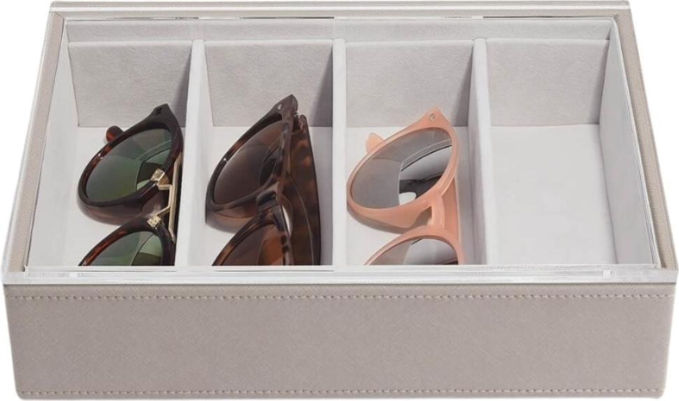 Pudełko na okulary Stackers Classic 4 komorowe taupe z akrylową pokrywką