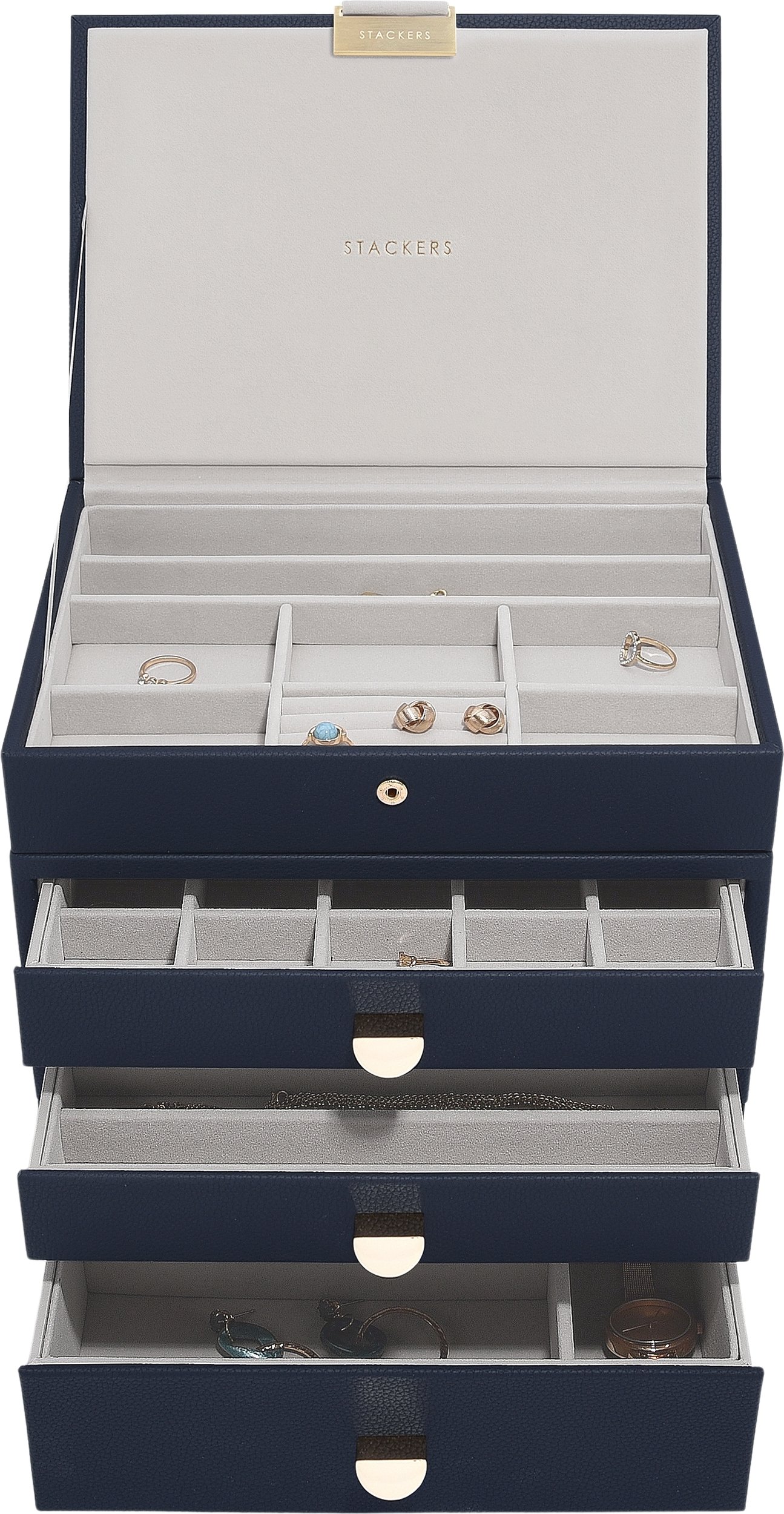 Szkatułka na biżuterię Stackers Classic poczwórna granatowa z 3 szufladami