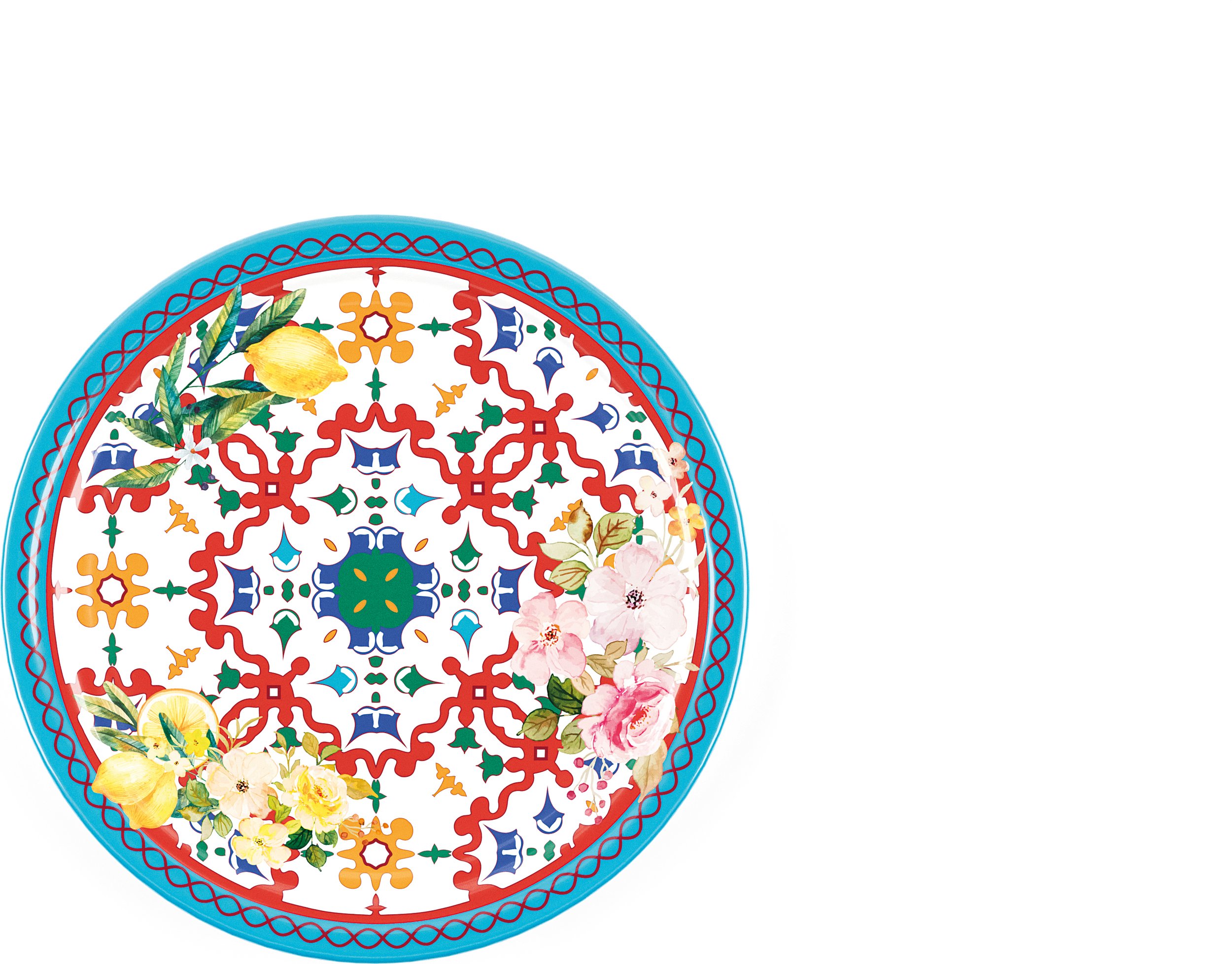Talerz obiadowy Flowers & Lemon 27,5 cm niebiesko-czerwony