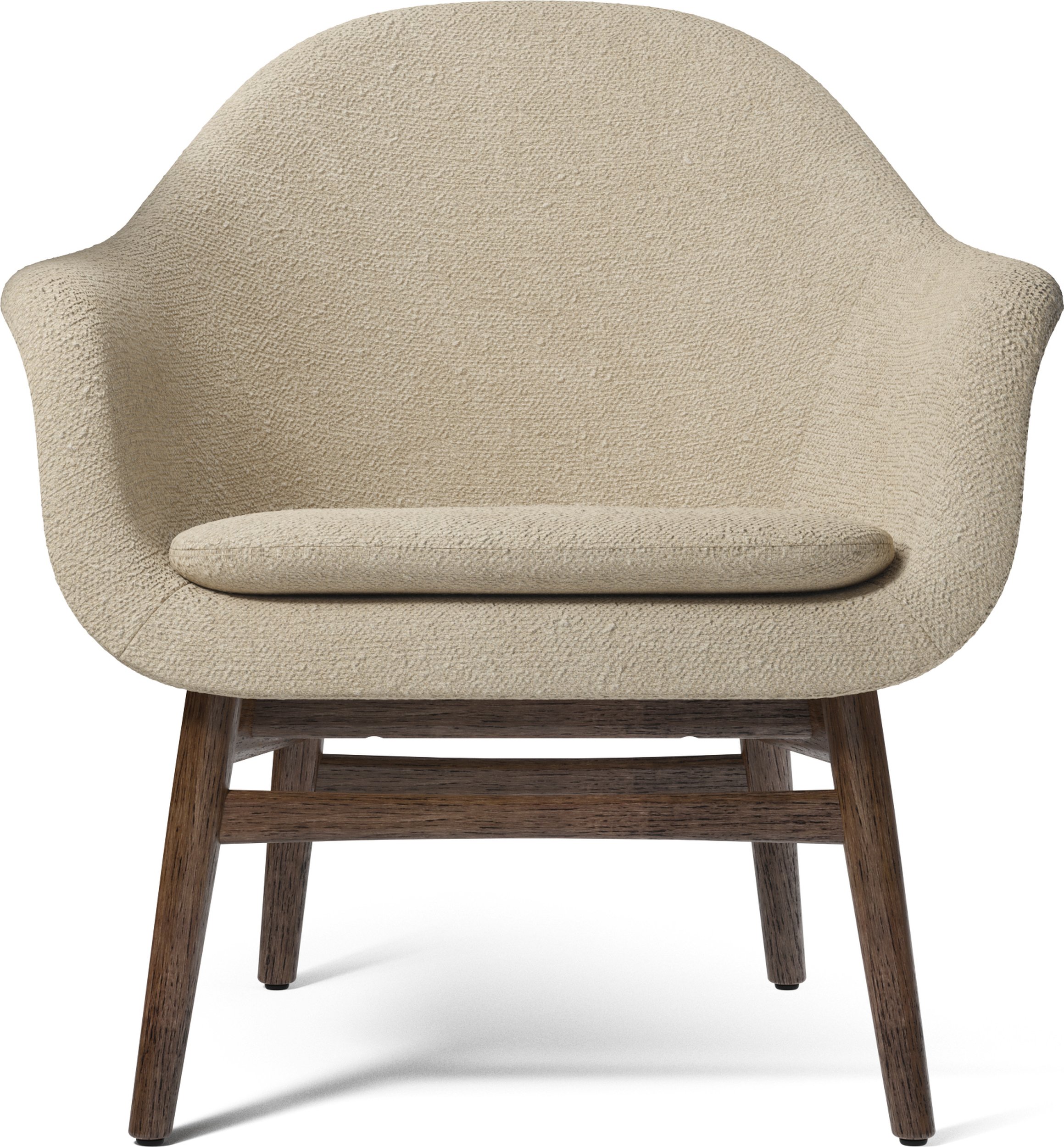 Fotel Harbour Bouclé beżowy tapicerowany na ciemnych dębowych nogach