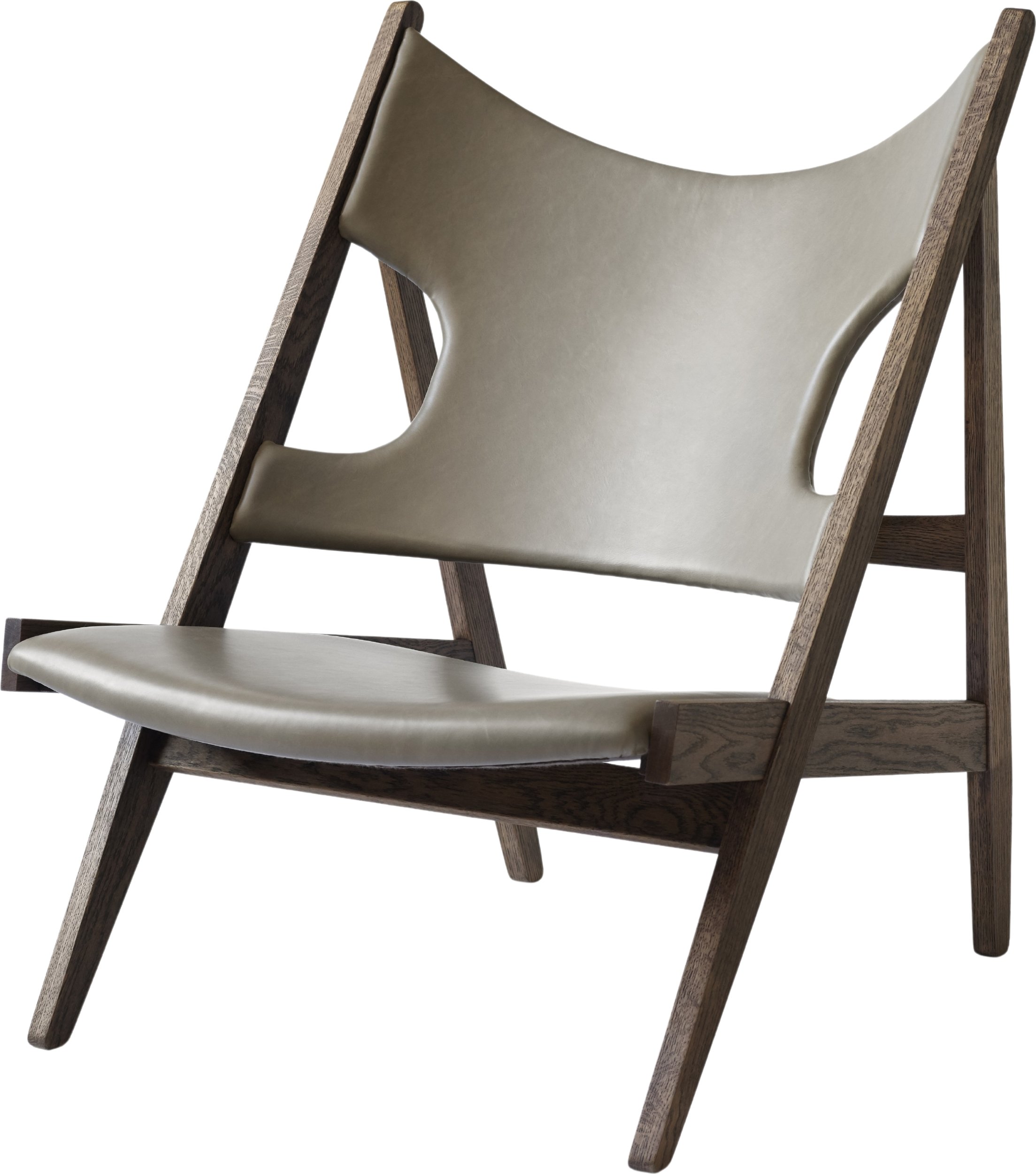 Fotel Knitting szarobrązowy skórzany na ciemnych dębowych nogach