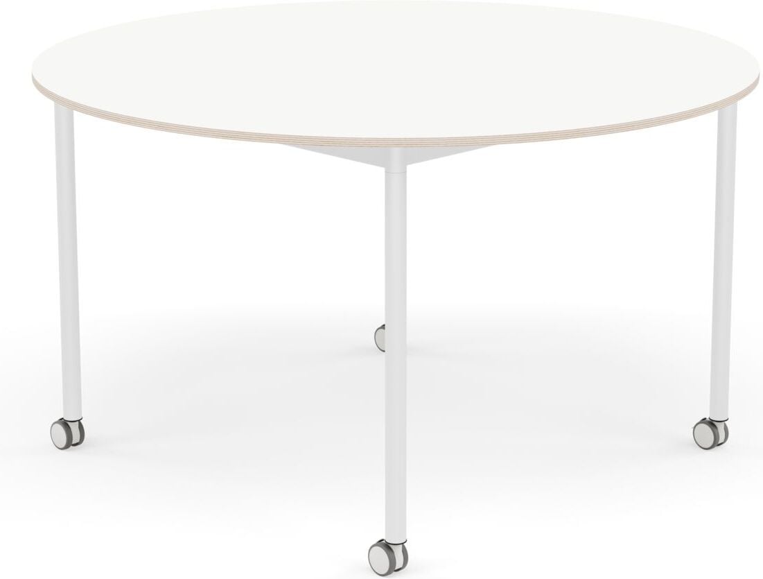 Stół na kółkach Base okrągły 128 cm biały laminowany nogi białe