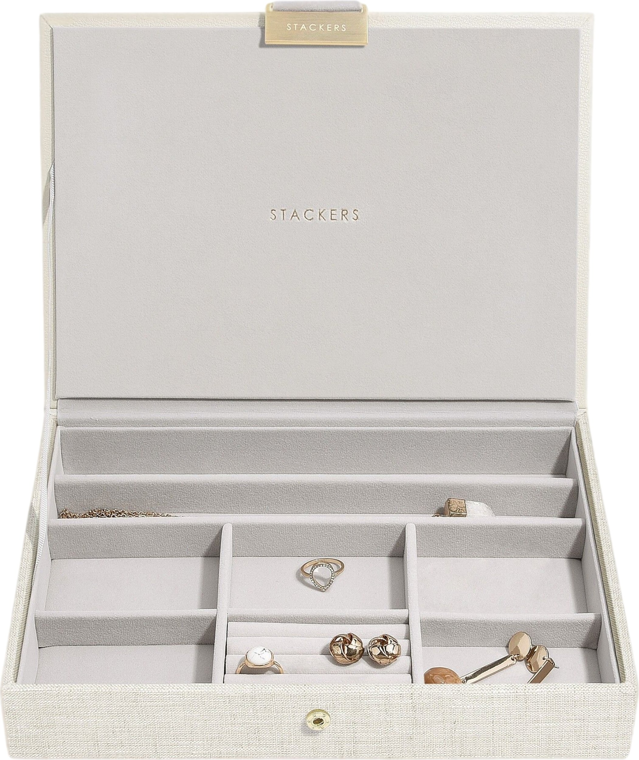 Szkatułka na biżuterię Stackers classic jasnobeżowa lniana z pokrywką